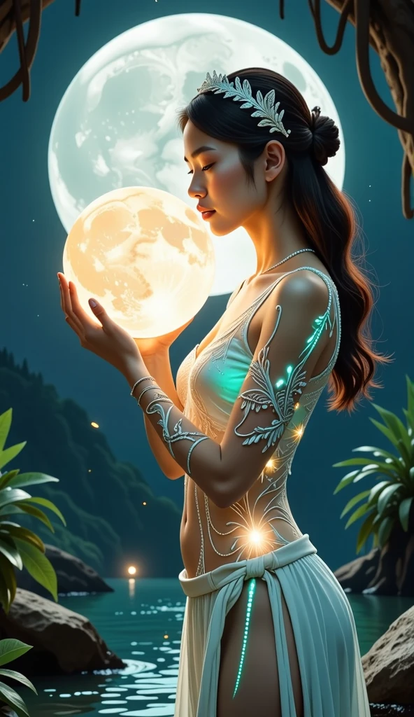 full length, Beautiful woman hugging the full moon in her arms, hologram, transparency, woman with ceramic body, transparent material, whimsical charm, fantasy, mythical creatures..