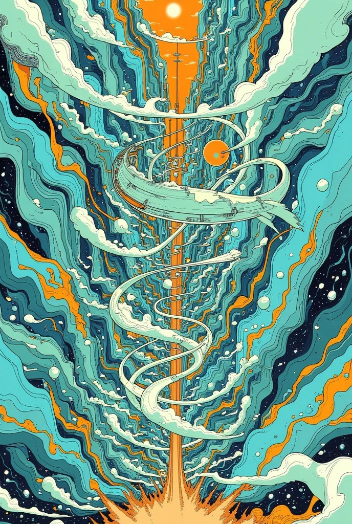 Create an abstract illustration that vividly captures the theme of 'Rapid Descent.' The artwork should feature bold, dynamic lines and shapes that convey a sense of swift, downward motion. Use a vibrant color palette with shades of blue, green, and white to evoke the sensation of plunging through the air or water. Incorporate elements like swirling patterns, sharp angles, and fluid forms to emphasize the intensity and speed of the descent. The overall composition should be energetic and visually striking, reflecting the dramatic nature of a rapid fall.