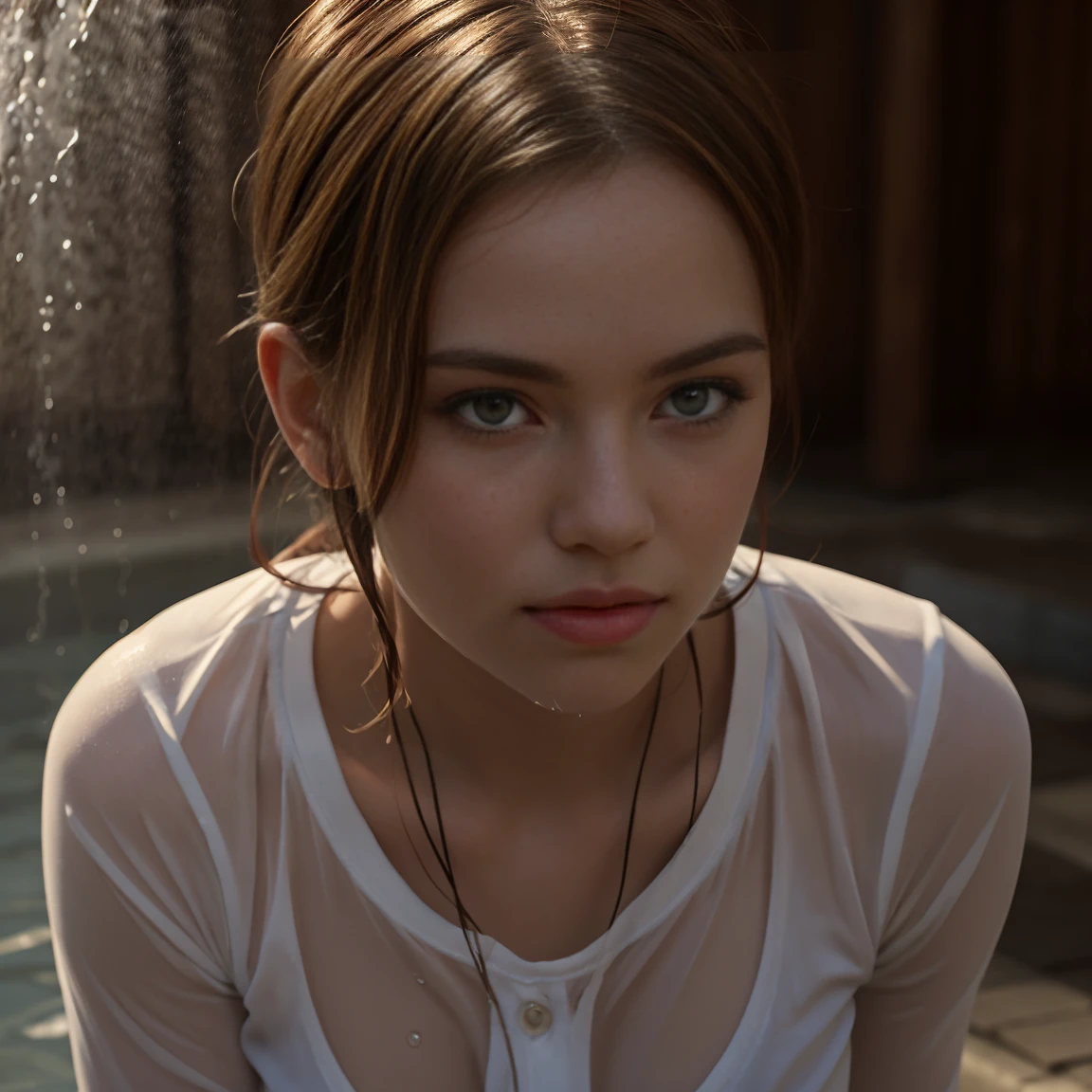 Willa fitzgerald, sexy clothes, sexy pose, wearing the gryffindor uniform, white shirt, adult body, soaking wet, wettshirt, drenched, see through, dripping water, beautiful detailed eyes, beautiful detailed lips, extremely detailed eyes and face, long eyelashes, illustration, oil painting, photorealistic, realistic, photo-realistic:1.37, 4k, 8k, high resolution, masterpiece:1.2, ultra-detailed, realistic lighting, dramatic lighting, vivid colors, volumetric fog, cinematic composition