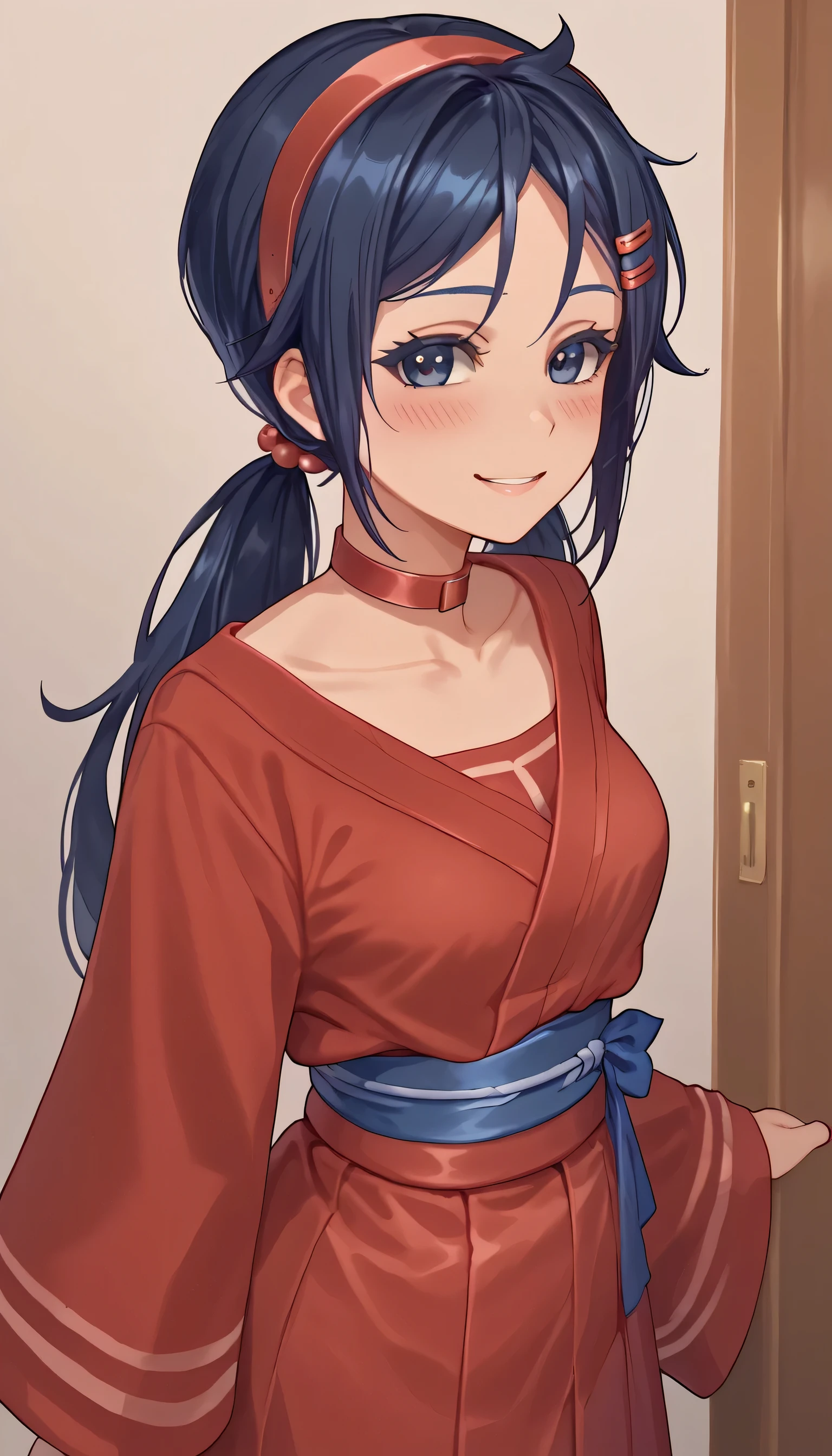 score_9,score_8_up,score_7_up, solo, 1 girl, dark blue eyes, dark blue hair, braids hair, red hairband, choker, kimono, japanese traditional, hair ornament, sweet smile, blush, blushing