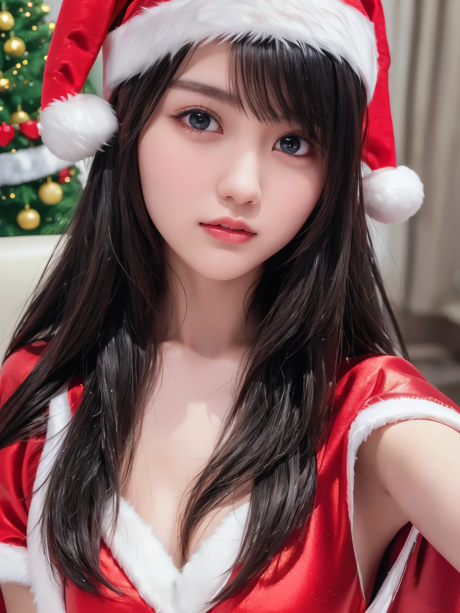 NSFW. (nude), trim fit physique, (elegant, beautiful face), (skin details), (oil: 0.6), (kpop elf woman, sexy), braided hair with bangs, slightly pointed small ears, (very detailed face), brown eyes, (very detailed and expressive force eyes), pubic hair, ((medium breasts, exhibitionism)), (((21 years))), smiling, wearing a red Santa hat, covered in colorful confetti, (((lying on a bed))), red satin sheets, classic illustration