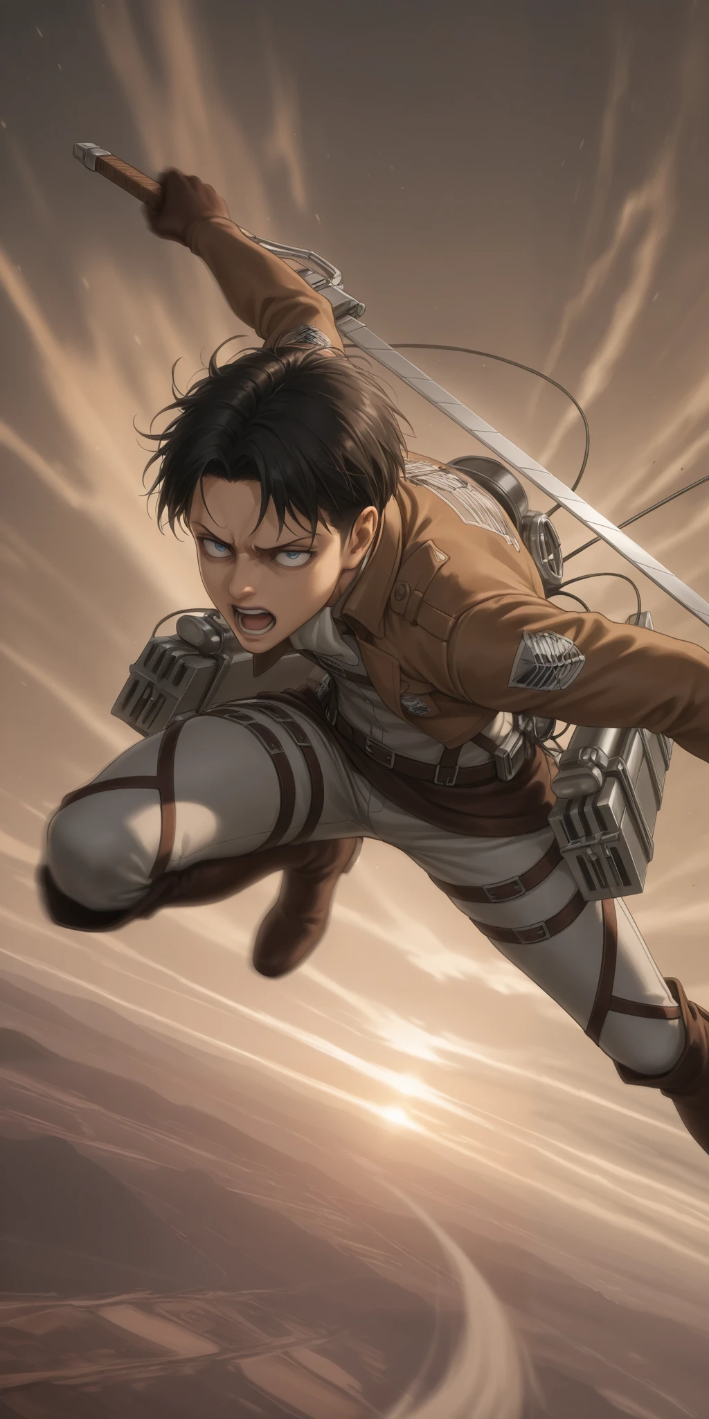 solo,1boy\(Levi Ackerman\(attack of titan\),diving to Titan from high above by The 3-D Maneuver Gear, downspin,motion blur,(dynamic pose),mad,angry,open mouth,holding 2swords\).anthro,screen capture.dynamic angle. BREAK .quality\(8k,wallpaper of extremely detailed CG unit, high resolution, top-quality, top-quality real texture skin, hyper realistic, increase the resolution, RAW photos, best quality, highly detailed, the wallpaper, golden ratio, high saturation realism, vibrant colors, dramatic lighting, persuasive storytelling, atmospheric scenery, captivating visuals, intricate details, strong emotions, dreamlike world\).landscape, dutch angle,action shot,(motion blur:1.3),limited color,tense battle scenes