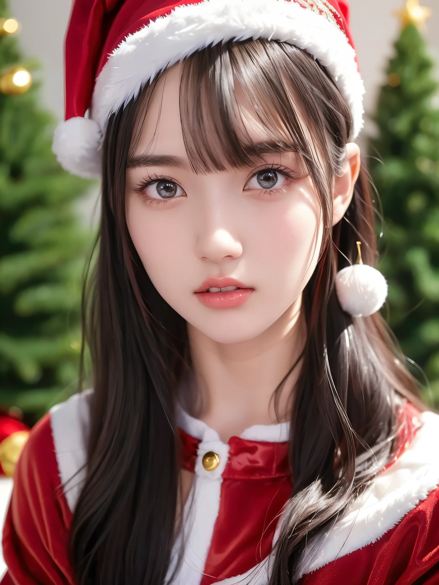 portrait、 REAL PICTURES、 top quality、 super high resolution 、(Photographically: 1.4)、 beautiful eyes、 very beautiful in a chair 、 shiny jet black hair 、Thin hair、 Merry Christmas 、 christmas tree、(( red Santa Claus costume 、Santa hat、Forehead))