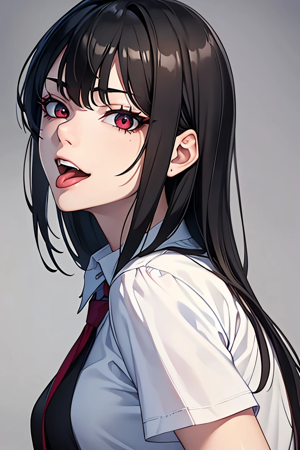 masterpiece, best quality, 1girl, black hair, red eyes, white shirt, matured face, mugshot, pale, terrifying, sinister smile, tongue out, ahegao, open mouth, upper body, perfect body, looking at camera, posing, perfect face, perfect eyes, detailed eyes, detailed facial features, realistic and high resolution (best quality, 4k, 8k, highres, masterpiece:1.2)