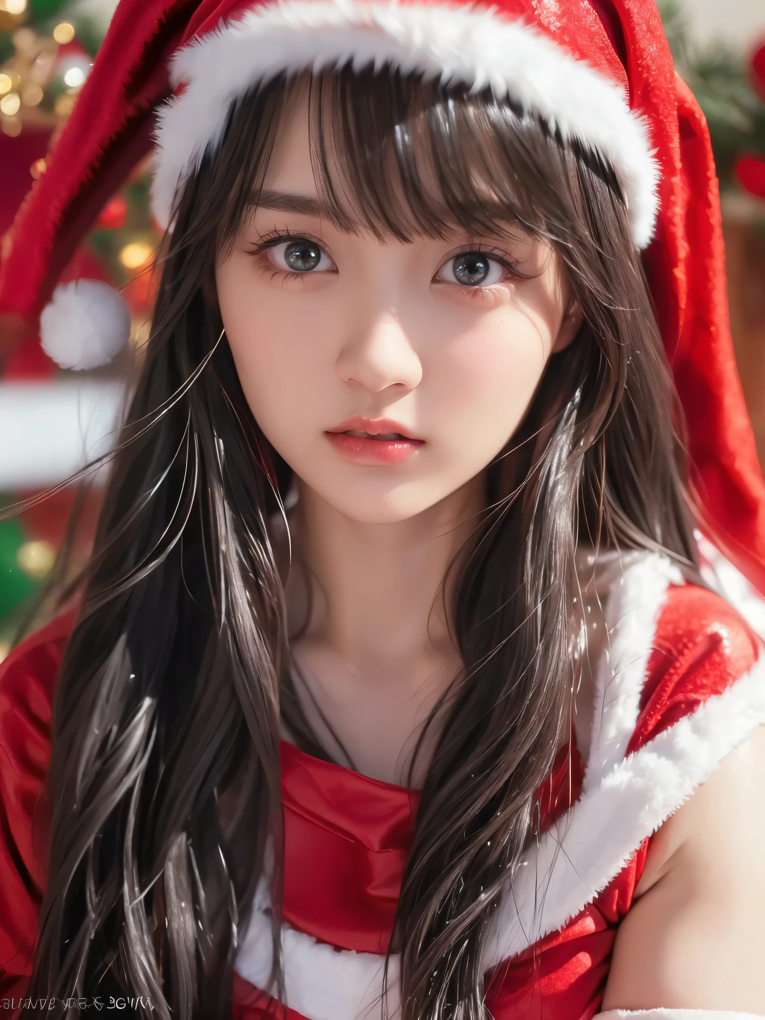  portrait、 REAL PICTURES、 top quality、 super high resolution 、(Photographically: 1.4)、 beautiful eyes、 very beautiful in a chair 、 shiny jet black hair 、Thin hair、 Merry Christmas 、 christmas tree、(( red Santa Claus costume 、Santa hat、Forehead))