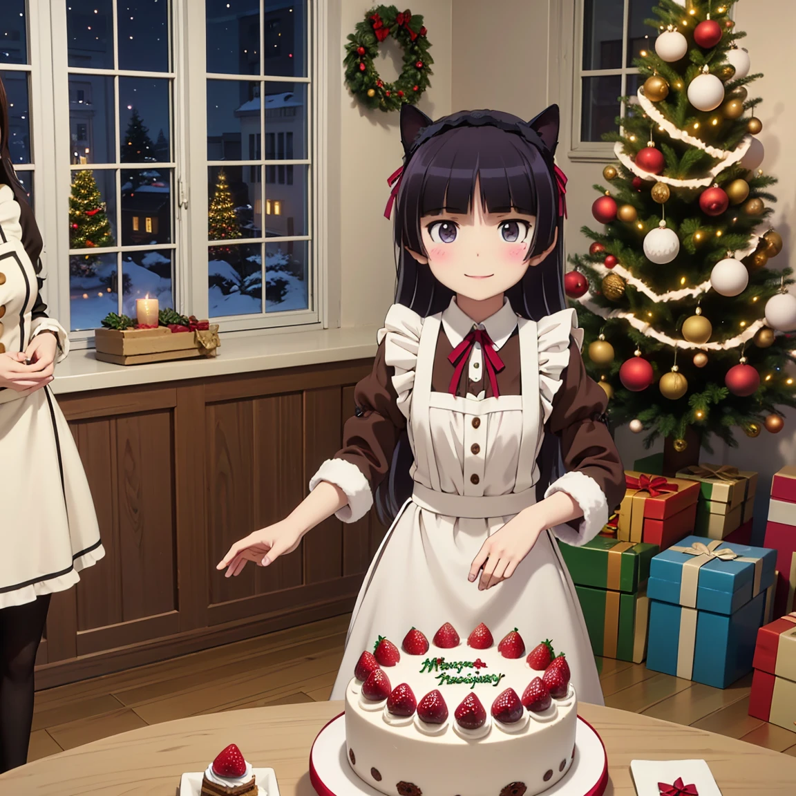 masterpiece, top quality, very detailed, 1 girl,Alone,smile,light smile,  open mouse,悪魔のsmile,
ruri gokou,  long hair, hime cut,  black hair,  maid clothes, Cat ears, エプロンスカート
BREAK
Celebration cake, Christmas, Christmas lights, Christmas ornaments, Christmas tree,merry  Christmas, solo focus ,(((Celebration cake, standing next to a  Christmas cake))),