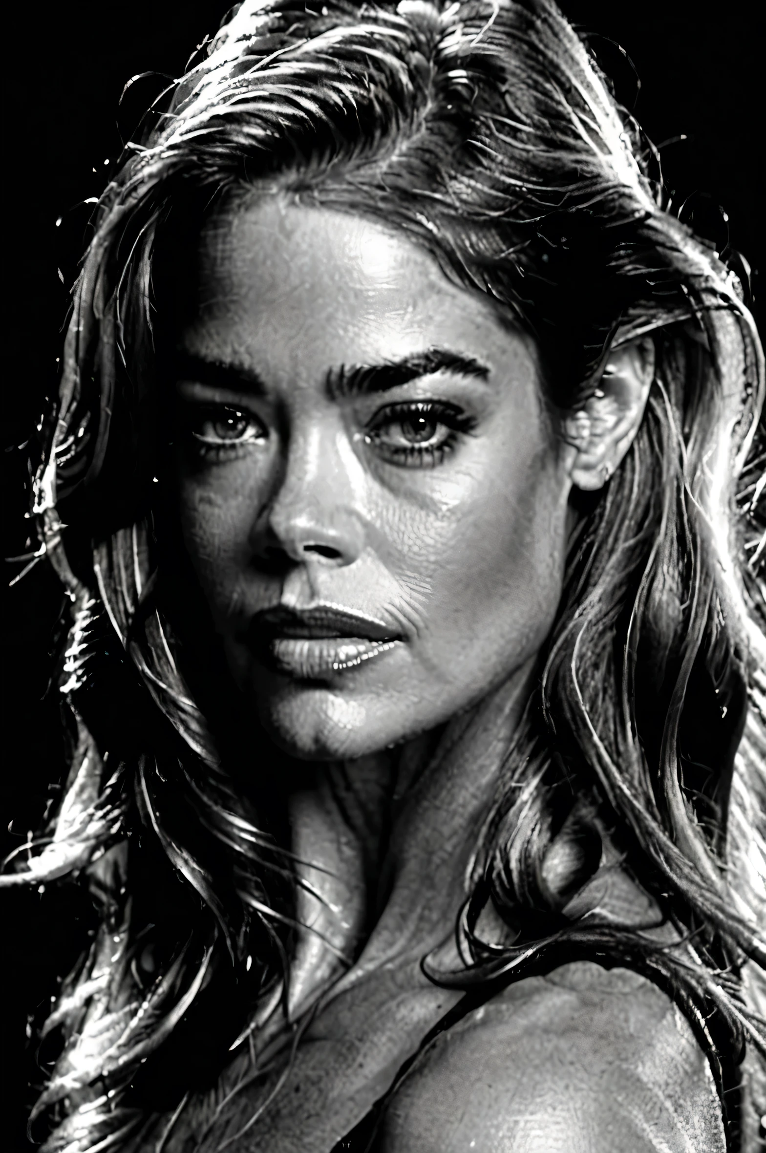 Black and white photography of Denise Richards face with lines. Studio photography with dark background and crisp contrast. The head is made out of stripes of light in the style of minimalistic, graphic design. --ar 57:80 --v 6.0, cinematic photo