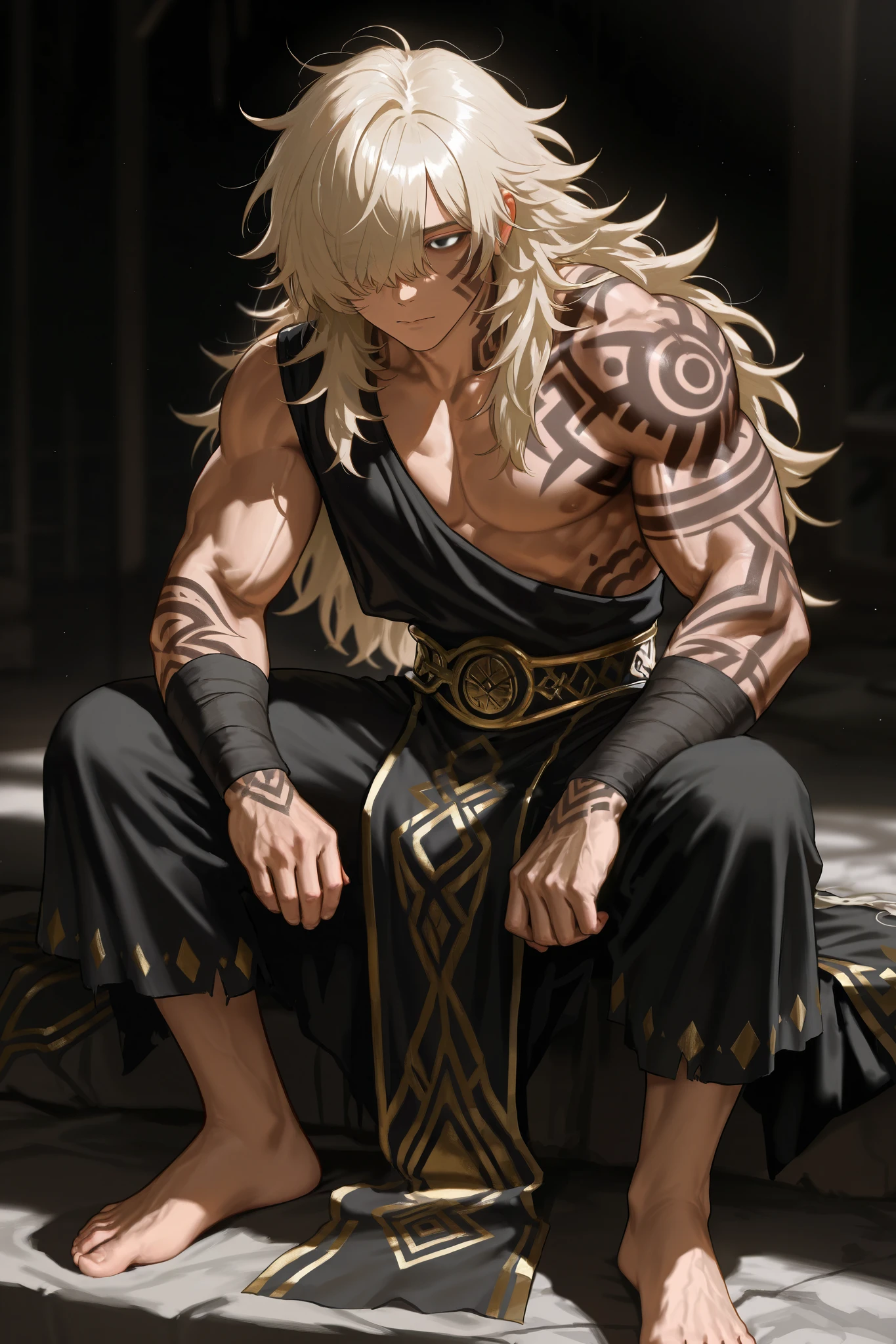 Tall, Only One Boy, Solo, Muscles, Masculine Traits, Gentle Expression, All Body.
Gray-Blonde hair, Long Hair, Messy Hair. Hair over right eye.
Grey-azure eyes, thin almond-round eyes.
Normal skin, Black Tribal Tattoos.
Male Divinity Clothes.
Barefoot.