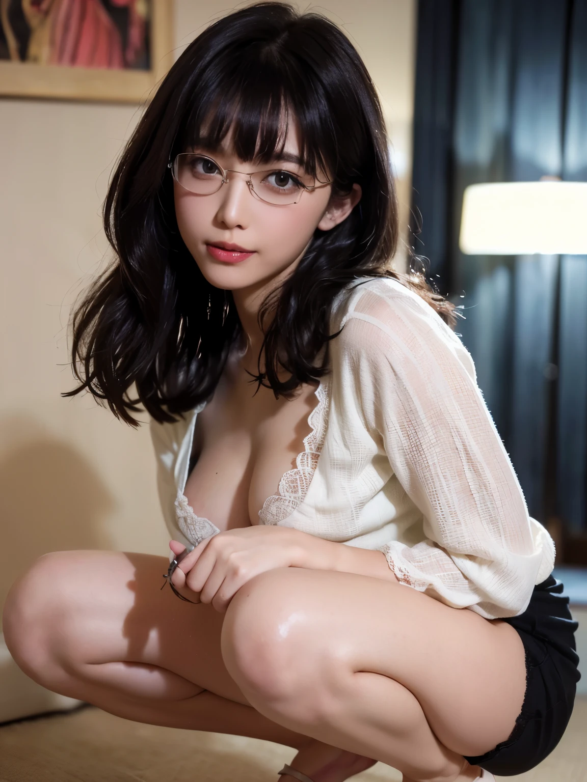 (masterpiece,  top quality,  Simple 35 Year Old Japanese Woman with High Resolution ,  wears glasses,  Beautiful Long Shiny Black Hair , Snapping Bangs,  shining face ,  pubic skin,  depth of written border,  Color Difference,  caustics, Natural Shadows,  kind, smile, Little Devil, cute face, Thighs,  Filmgrain,  Color Difference,  sharp concentration ,  face light ,   detailed face ,  Blurred Background, Big Breasts,  slender body, sexy lace clothes, Facial flushing, Transparent,  Has an Invisible Cylindrical Object, mouth,  She's Smoking Something Transparent and Invisible , With Gusto., I can see my crotch,  squat with legs spread,  Night on Shinjuku's Backstreet with Gusto ,  full body portrait ,  shot from the front