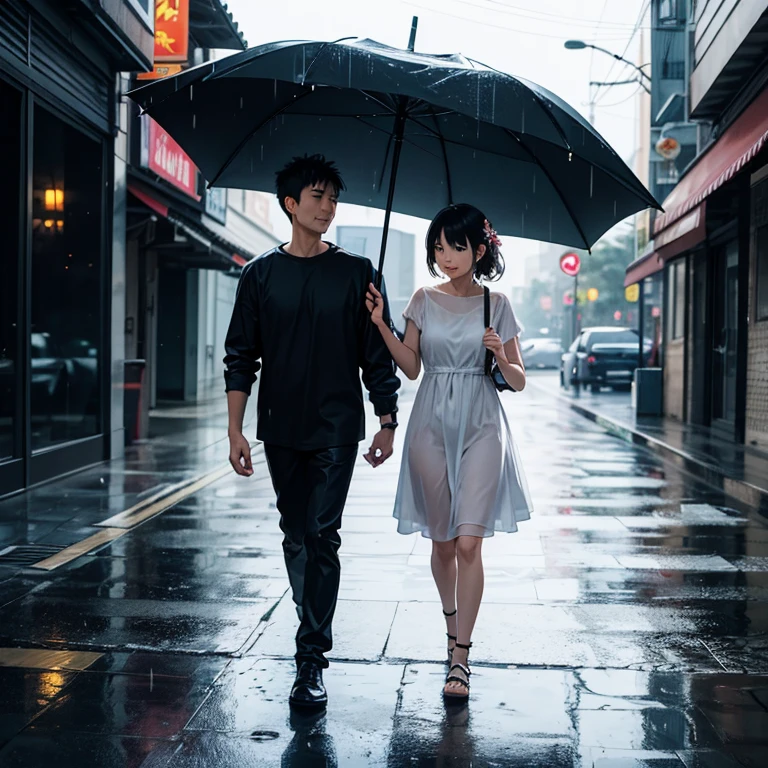 Look likes a couple but they just friend, both to nervous when talk about what they feelings together. They are walking in the road at school, girl have a umbrella wanna sharing with the boy but he to nervous to do that. And they just walk together with the embarrassing environment