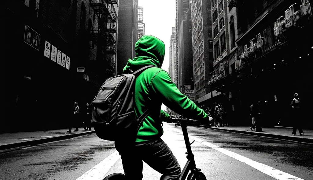 Italian male in his twenties wearing a green hoodie in the likeness of Luigi Mangioni, wearing a backpack, riding a  e-kick scooter back turned to camera, new york city background, comic book style, sin city, black background, monochrome grunge charcoal style, unique crosshatching, 