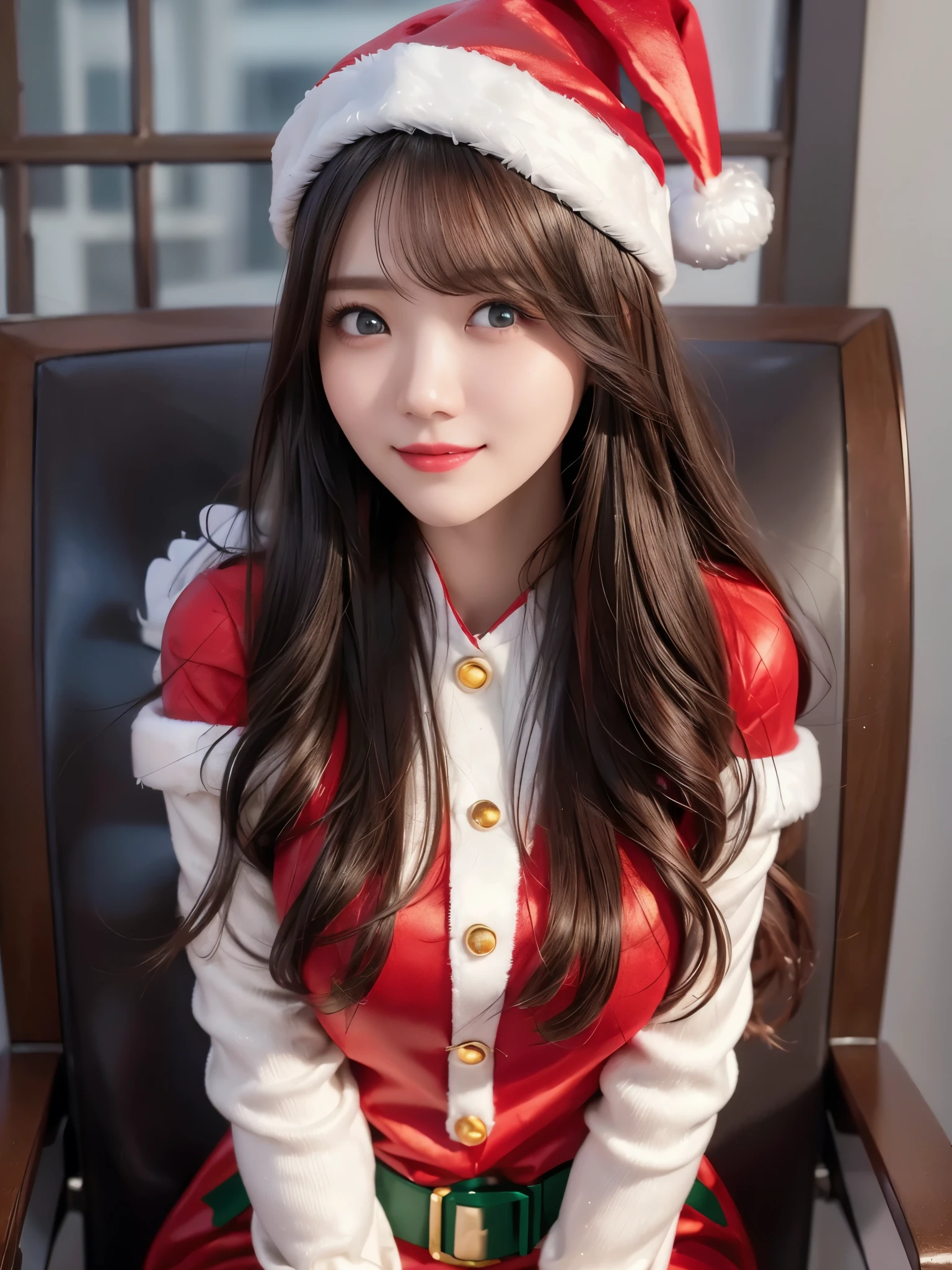  portrait、 REAL PICTURES、 top quality、 super high resolution 、(Photographically: 1.4)、 beautiful eyes、 very beautiful in a chair 、 shiny jet black hair 、Thin hair、 Merry Christmas 、 christmas tree、smile、(( red Santa Claus costume 、Santa hat、Forehead))