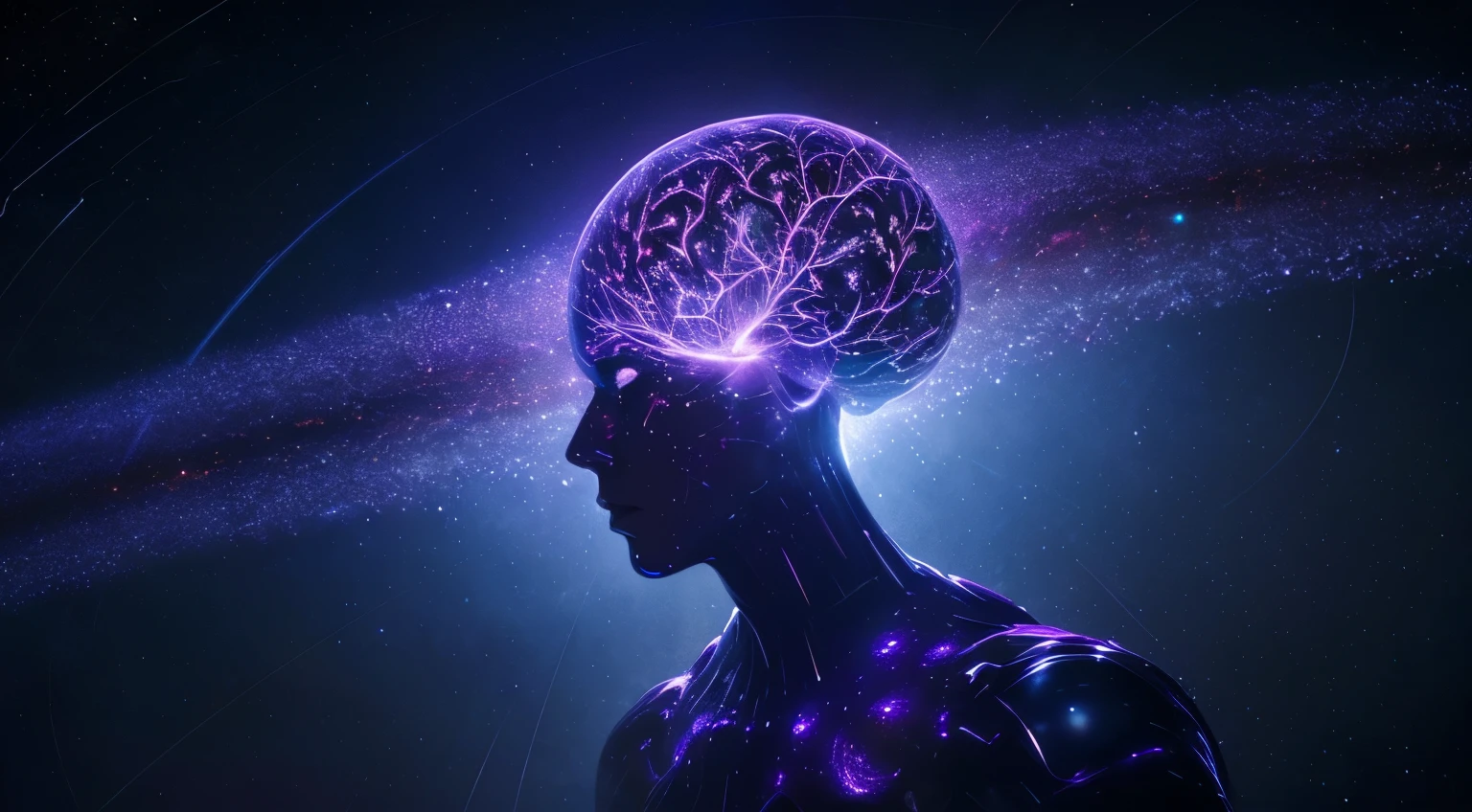 Include the following text: "Did you know that the brain is the most powerful sexual organ?" and generate this design: Create a sleek and futuristic image with a minimalistic silhouette of a human head in gradient purples. Incorporate holographic lines or digital waves emanating from the brain, symbolizing neural connections and the power of thought in pleasure. The overall design should feel cutting-edge and sophisticated, echoing the high-tech essence of a European luxury brand.