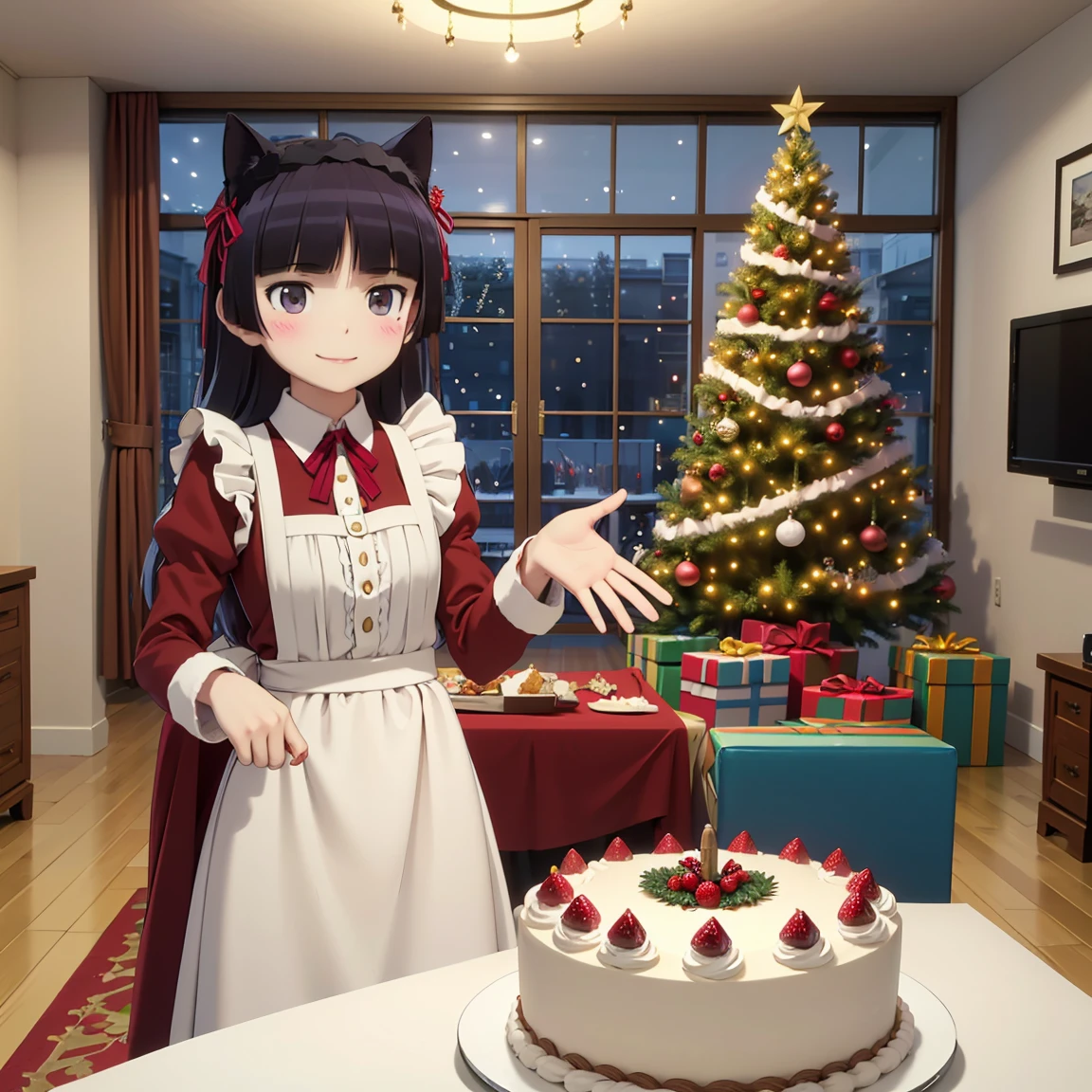 masterpiece, top quality, very detailed, 1 girl,Alone,  open mouse, Devil's Smile ,Smug face, 
ruri gokou,  long hair, hime cut,  black hair,  maid clothes, Cat ears, エプロンスカート
BREAK
Celebration cake, Christmas, Christmas lights, Christmas ornaments, Christmas tree,merry  Christmas, solo focus ,(((Celebration cake, standing next to a  Christmas cake))),