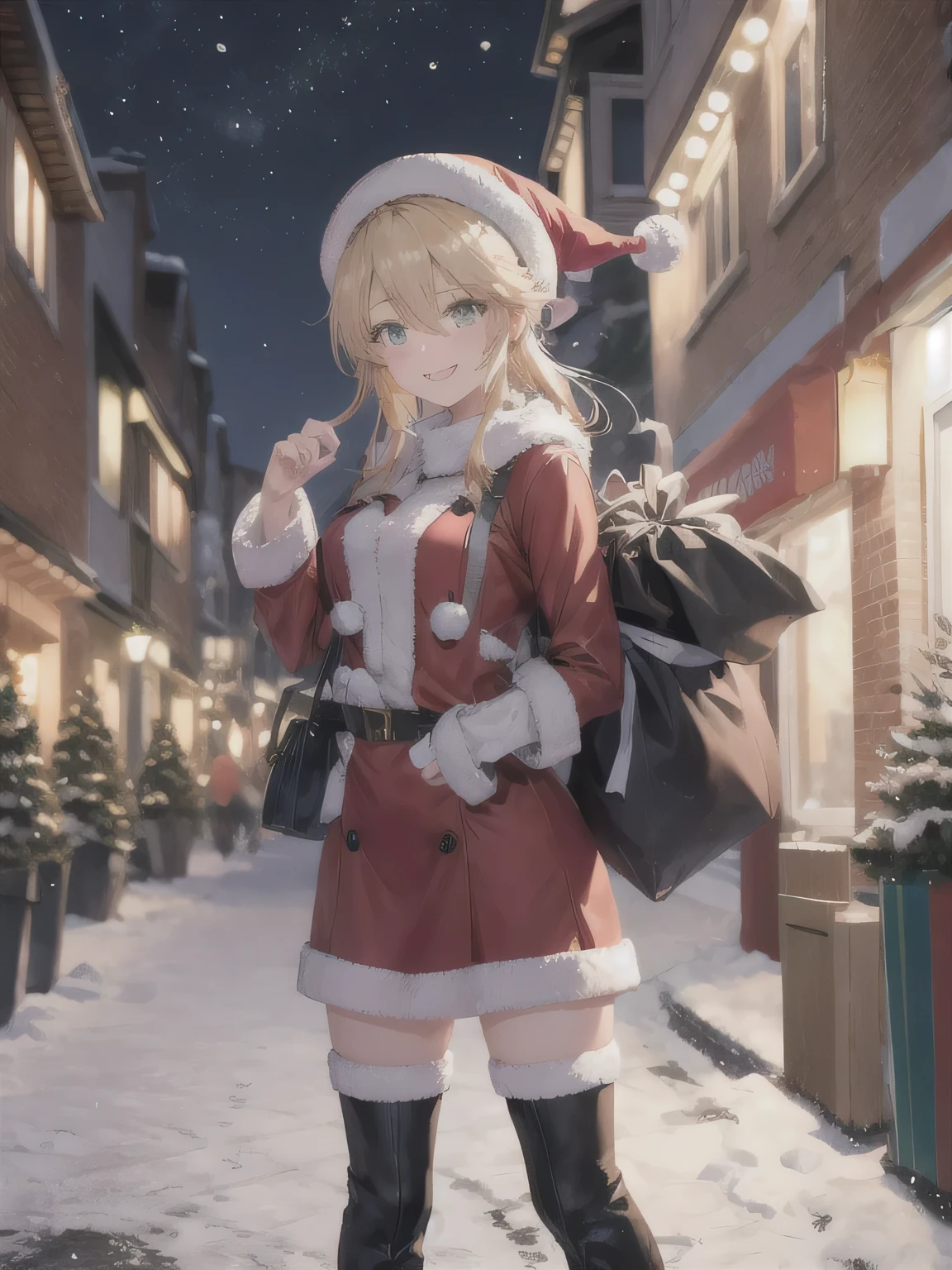 She is dressed in a classic Santa Claus outfit, with a red and white coat, a matching skirt, and black boots, perfectly tailored to her small frame. On her back, she carries a large, white sack filled with presents, the soft fabric of the bag hinting at its generous contents. The The background is a street corner illuminated with Christmas decorations, with the sky transitioning from a warm orange of sunset to the cool blue of night. Snowflakes gently fall, adding to the tranquil winter atmosphere. The girl’s bright and cheerful expression contrasts beautifully with the peaceful surroundings, evoking a sense of warmth and festive joy.20-year-old woman. masterpiece, top quality, braided , watching viewers against a tropical island in the background, smile.