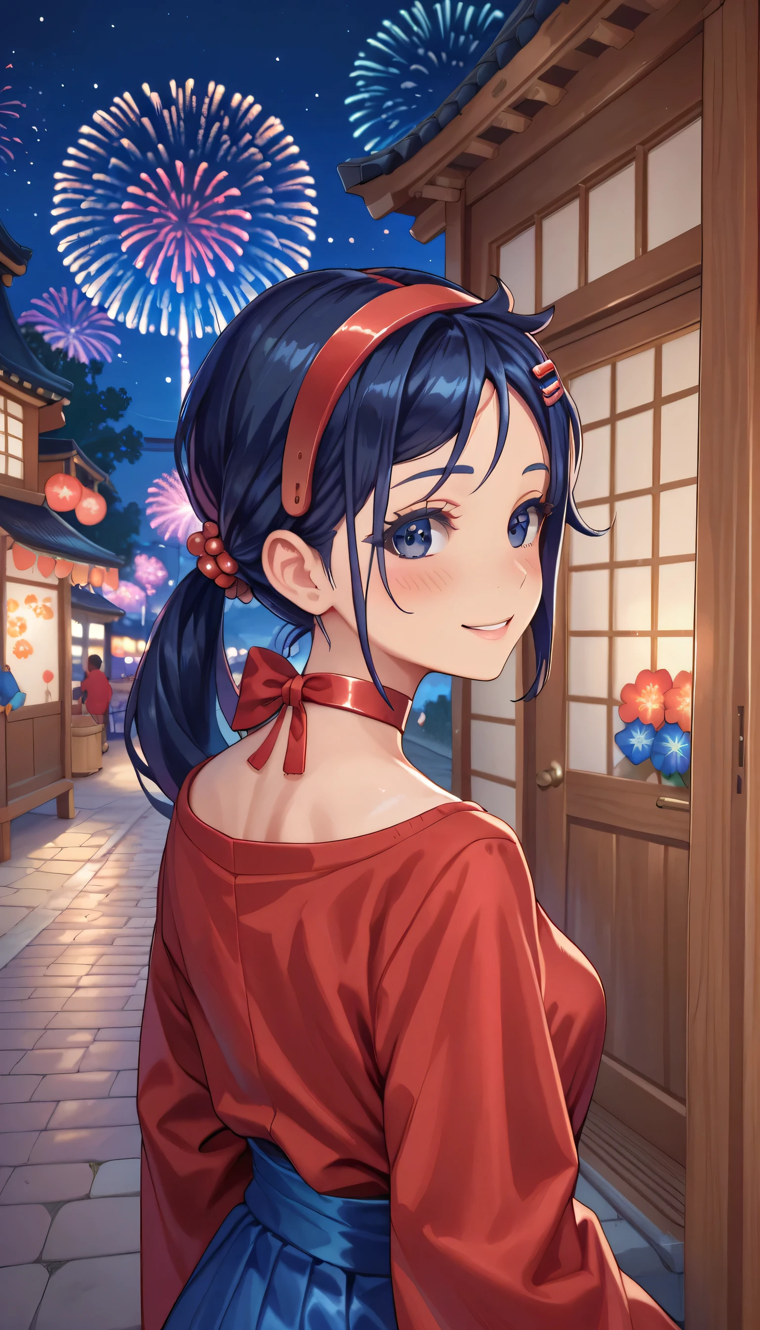 score_9,score_8_up,score_7_up, solo, 1 girl, dark blue eyes, dark blue hair, braids hair, red hairband, choker, kimono, japanese traditional, hair ornament, sweet smile, blush, blushing, night, out door, festival, fireworks in background, back pov