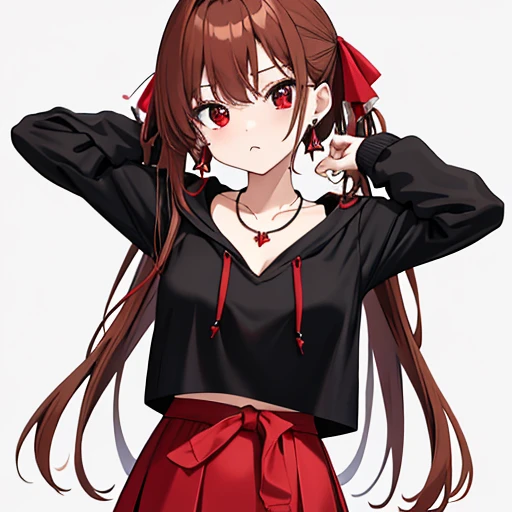 red brown golden hair 、 red eyes、  1 good-looking girl 、Alone、Anime、 check mini skirt、 Black Camisole、 black t-shirt、 hoodie、Wearing a ribbon、Ribbon on waist、 crystal earrings、 JEWEL NECKLACE 、Light and Dark、Tilt &#39;Face、Teeth are visible、Pillar、torch、 evil face、Kuroko、 Diamond Dust 、grassland、 stage