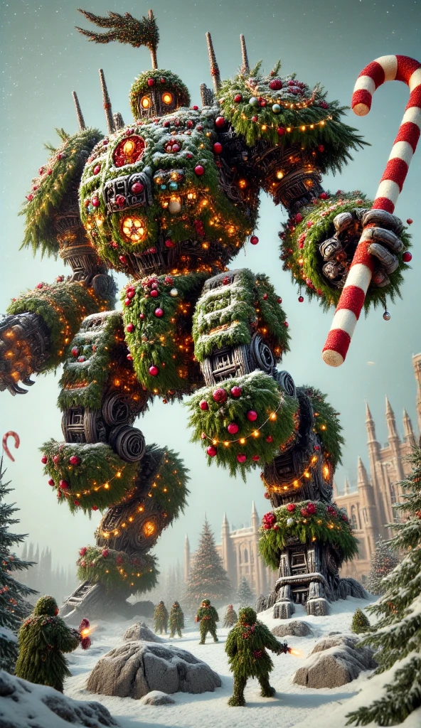 A towering battlemech entirely constructed from Christmas tree branches, pine boughs, ornaments, and garlands, locked in an intense battle against a horde of warring Christmas elves. The mech's limbs and torso are crafted from dense pine needles woven into armored shapes, with garlands wrapping tightly around its arms and legs. Glowing ornaments accent its shoulders and chest, while holiday lights outline its powerful form. The mech wields a massive candy cane weapon, swinging it fiercely to fend off the attacking elves. The background features chaotic scenes of Christmas elves armed with tiny festive weapons, creating a whimsical yet intense holiday battlefield.