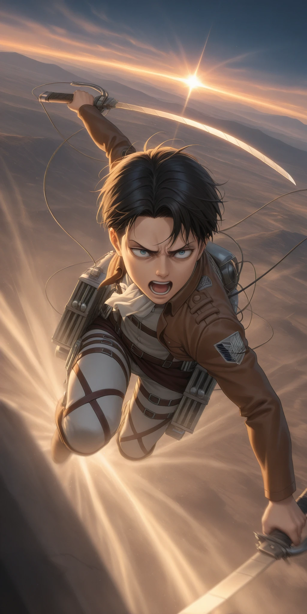 solo,1boy\(Levi Ackerman\(attack of titan\),diving to Titan from high above by The 3-D Maneuver Gear, downspin,motion blur,(dynamic pose),mad,angry,open mouth,holding 2swords\).anthro,screen capture.dynamic angle. BREAK .quality\(8k,wallpaper of extremely detailed CG unit, high resolution, top-quality, top-quality real texture skin, hyper realistic, increase the resolution, RAW photos, best quality, highly detailed, the wallpaper, golden ratio, high saturation realism, vibrant colors, dramatic lighting, persuasive storytelling, atmospheric scenery, captivating visuals, intricate details, strong emotions, dreamlike world\).landscape, dutch angle,action shot,(motion blur:1.3),limited color,tense battle scenes