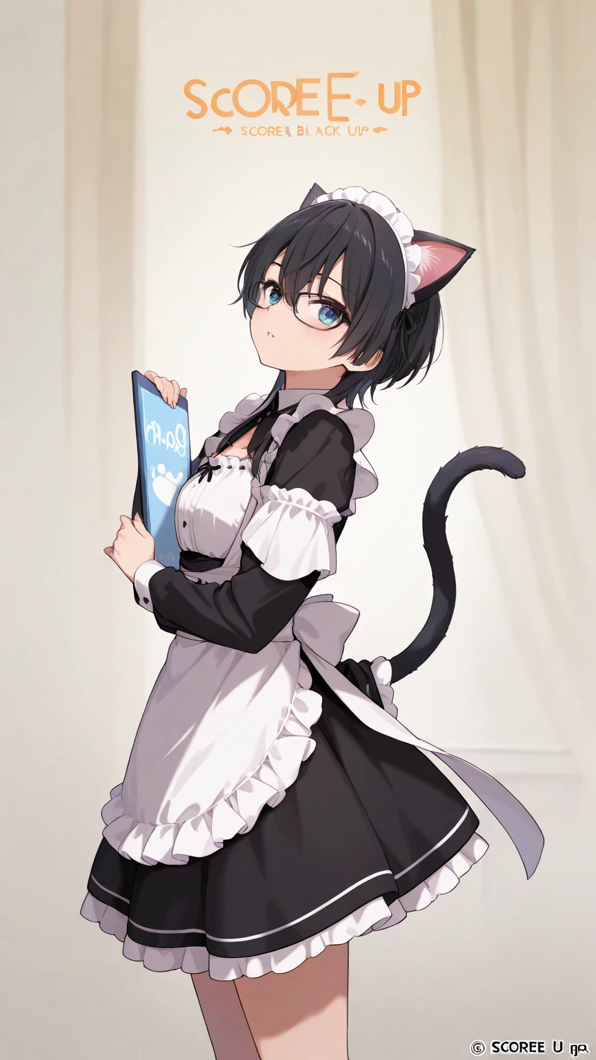 Black hair, glasses, maid, maid outfit, cat ears, tail, shopping