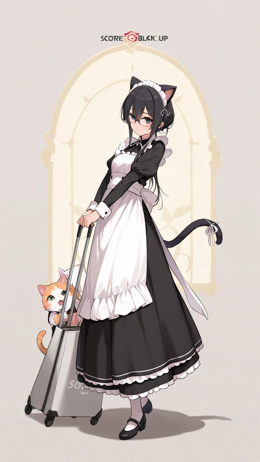 Black hair, glasses, maid, maid outfit, cat ears, tail, shopping