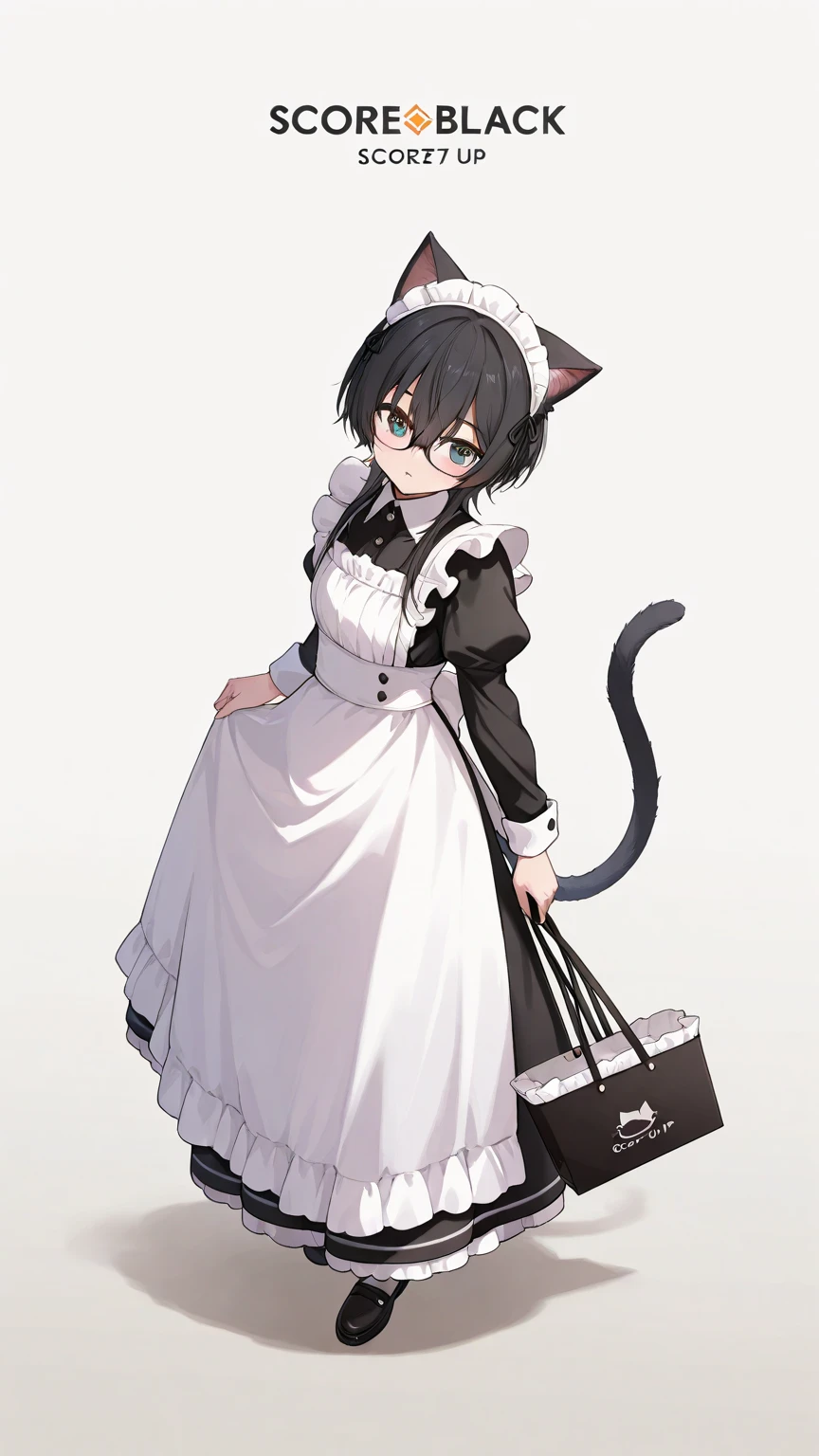 Black hair, glasses, maid, maid outfit, cat ears, tail, shopping