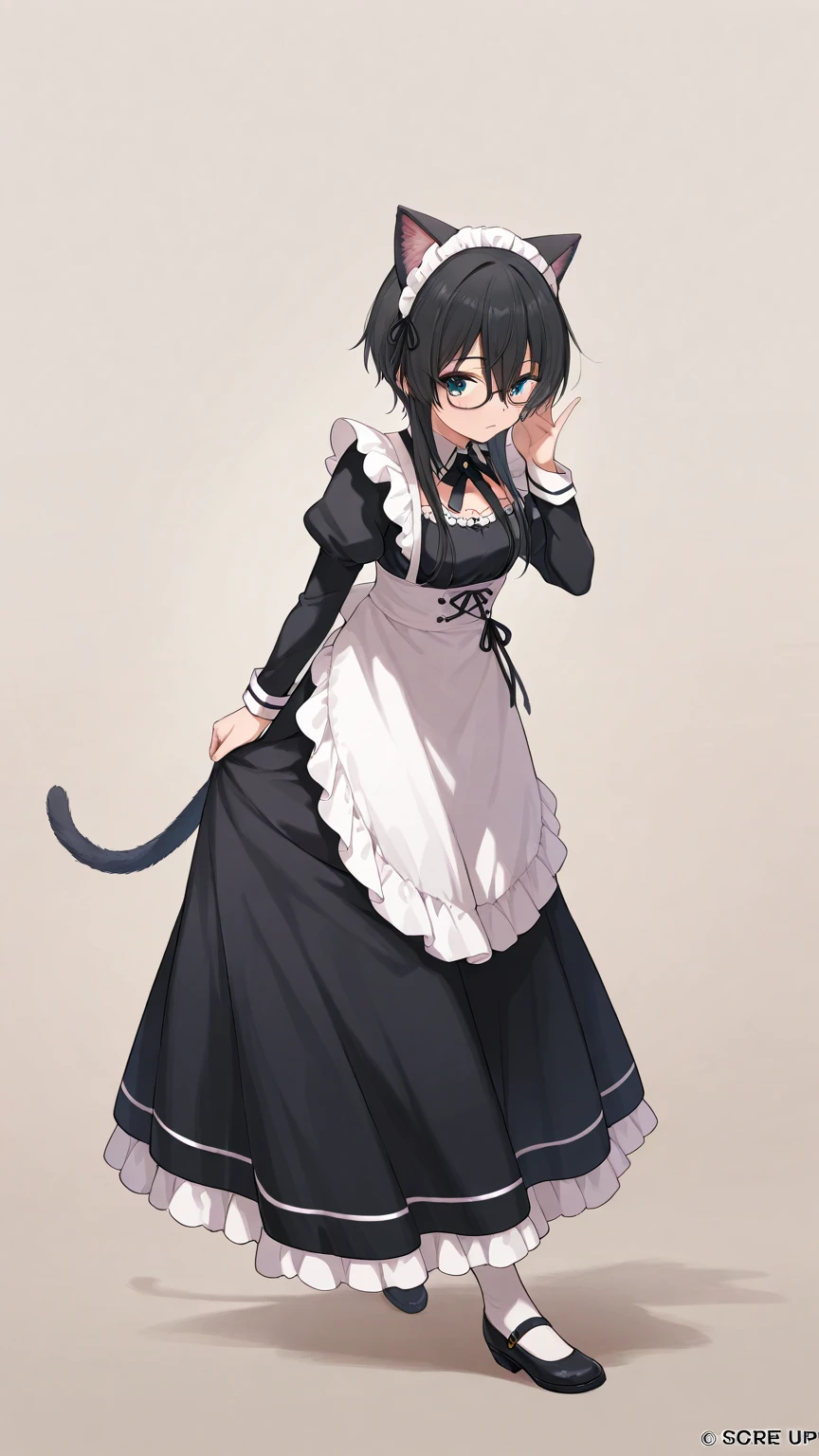 Black hair, glasses, maid, maid outfit, cat ears, tail, shopping