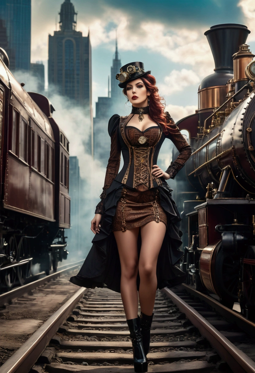 Fifties shiny copper colored, train steam punk, ((Beautiful sexy woman standing on the station platform,)) The beautiful, City, concept-art, Draw one, Fantastical, 4K, hyper HD, high high quality, hot topics at at station headquarters, 8k ultra high definition, Studio quality, ultra real photo, max detail, massive scale, Post-processing, current, photo-realism, Photoshop, photography, Ray tracing, Rendered by Octane