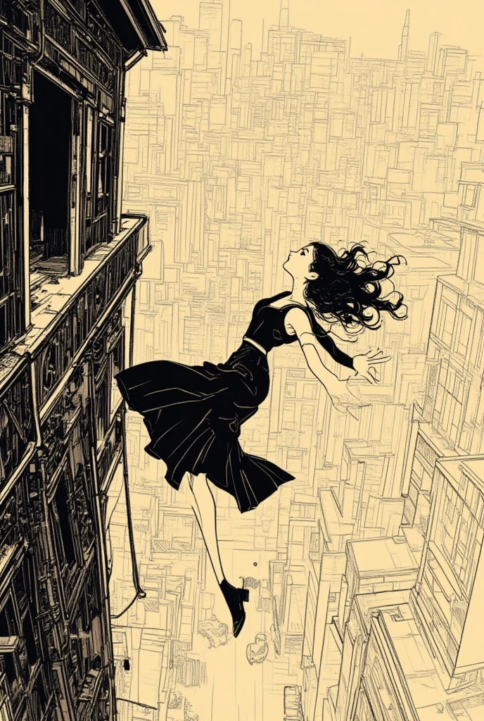  A woman falls from the second floor,I'm plummeting to the ground , poster art, Screen Printing Poster,  graphic novel cover art ,  graphic details ,  promotional artwork , Poster illustration, Illustrated poster, By Jens Sondergaard  ,  fashion illustration drawn on a town background,Promotional Poster, , comic book cover , Inspired by Emil Lindenfeld ,Concentrated line, surprise, 