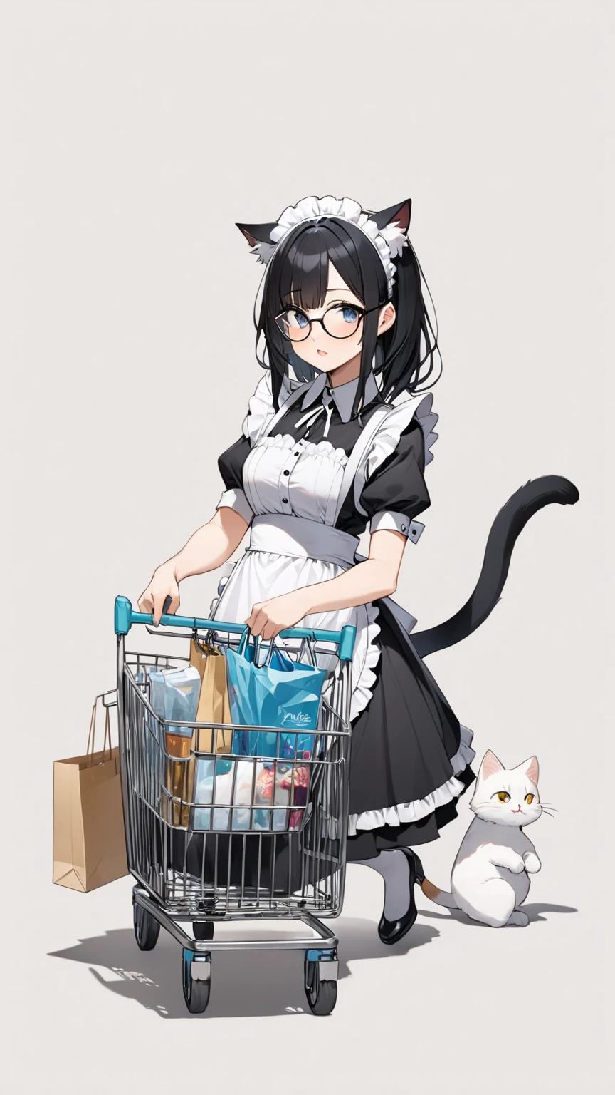 Black hair, glasses, maid, maid outfit, cat ears, tail, shopping