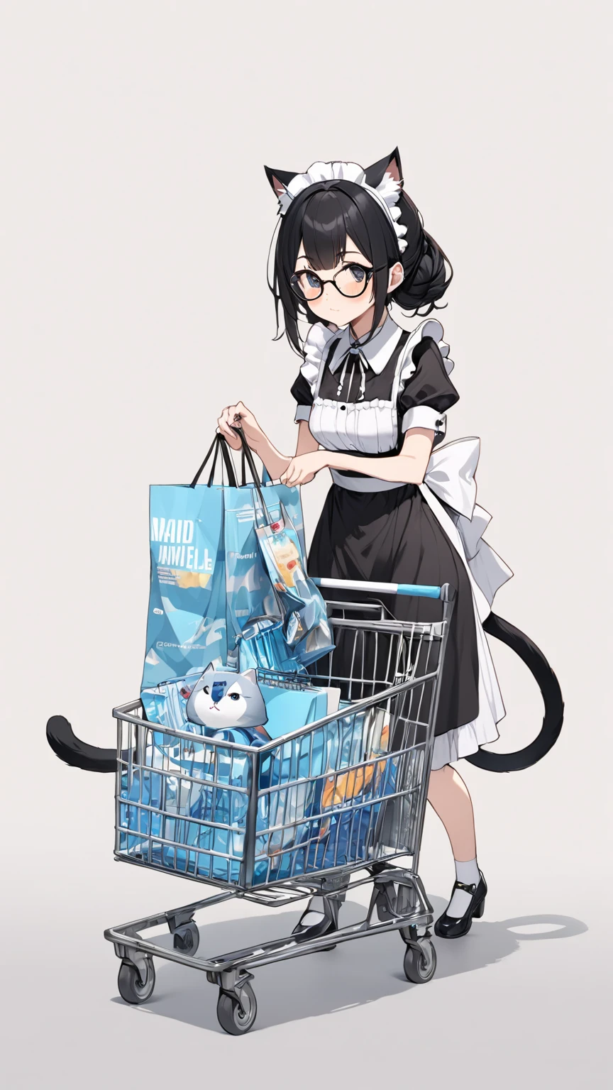 Black hair, glasses, maid, maid outfit, cat ears, tail, shopping