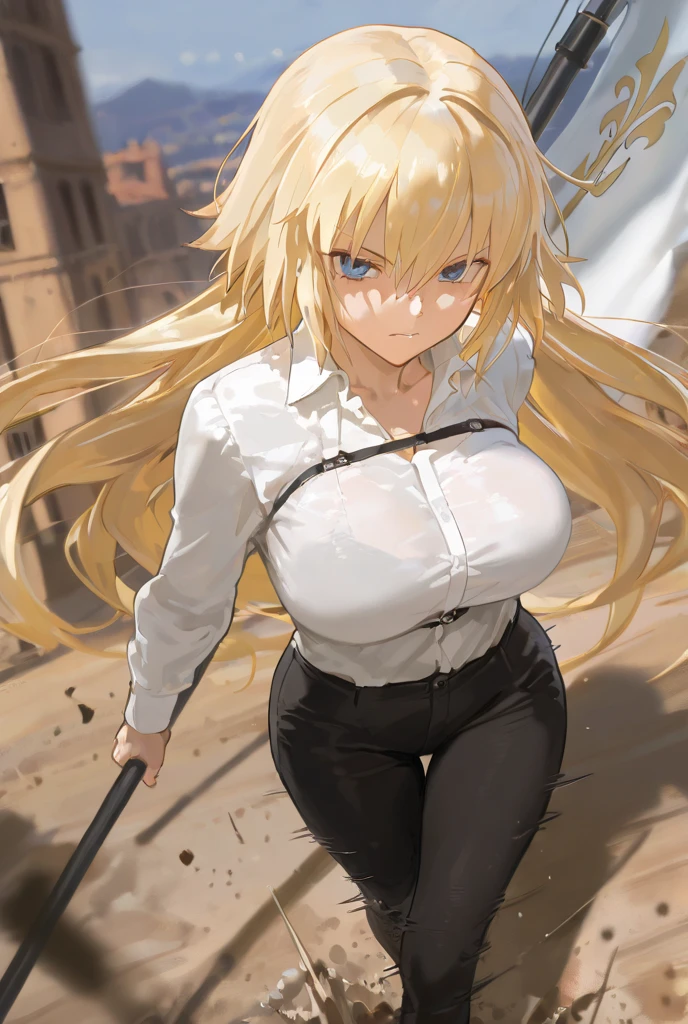 masterpiece, best quality, amazing quality, very beautiful, beautiful woman, beautiful mature woman,  latest, scenery, anatomically correct, 16k, UHD, accurate, expressive, anime screenshots, anime coloring, 1 girl, blonde hair, beautiful blonde eyes, beautiful blue eyes, big breasts, large breasts, beautiful shape breasts, beautiful long hair, (collared shirt:1.2), full body, serious face, Blake, depth of field, cinematic lighting, motion blur, speed lines, masterpiece, best quality, amazing quality, very beautiful, latest, scenery, flag, Jeanne d'arc flag, fate grand order, Jeanne d'arc character