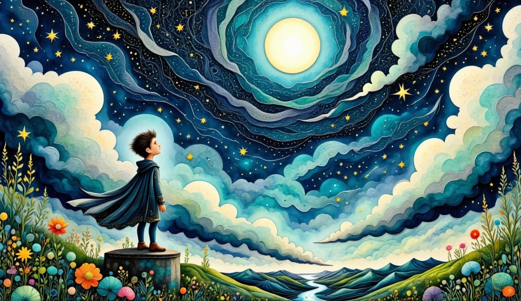  fantasy style、 Fantasticな景色、 The path that extends far from there is a star 、一つの灯火が Fantasticに揺らめく情景。 a starry night sky in the background 、 The expression is a mixture of hope and sadness 。 There is an old stone pedestal around the light、 based on soft moonlight white

Atmosphere 々 wearing a cape that flutters in the wind 。The main character is 、Standing on the Hill、 on a quiet hill where the wind blows through 、 staring at the distant sky 。表情はhopeとSadnessが入り混じったもの。 in the fog in the background 、 The scene where one light flickers fantastically 。」

composition: Person in the center、 with lights placed in a close-up view and 、 and a hill and starry sky in the background : green、silver、 add hills and starry skies to the background

Color 、 Fantasticな雰囲気を強調

雰囲気: Sadness、hope、 Fantastic