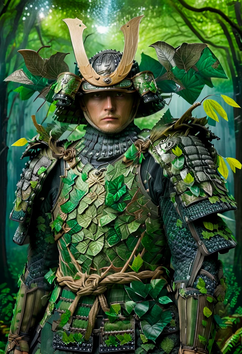 one white man, blonde hair, whole body head to feet, looking at viewer, stands upright, hands down, Samurai Armor and helmet,Armor and helmet are made of green moth and leaves,Armor color all green with made of green leaves,no metal,shiny armor, deep forest background,8K, realism