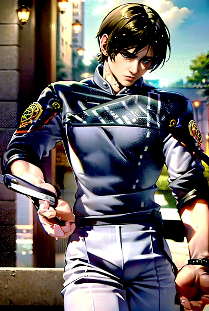 (  highly detailed CG  ), ( top quality), (  highly detailed CG  ), ( top quality), Leon S. Kennedy has a beautiful body, SWAT Clothing, Handsome and cool young man, Slim and muscular, Large breasts, Peeing, My crotch is wet, Embarrassed, high quality