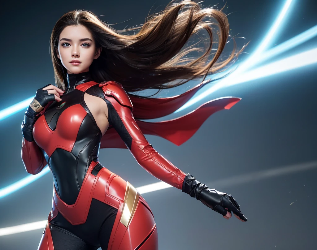 Sexiest Full Body Superwoman - costume colours White and Red, Red colour is glowing, shining and glittering, lighting, background of image futuristic City "A 16K resolution image with ultra-high picture quality, ensuring sharp, crisp details and textures throughout. The image should have exceptional clarity, with vibrant, true-to-life colors and a high dynamic range. Lighting should be natural, enhancing depth and detail, with no noise or blurriness, even in the Lightest areas." closest shot.