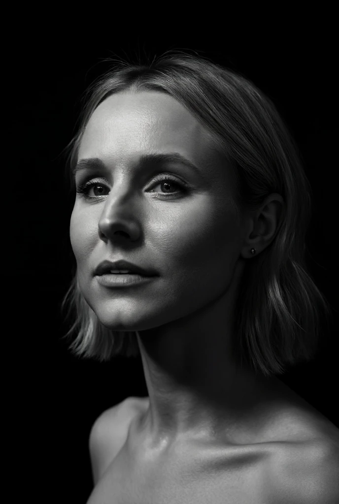 Black and white photography of Kristen Bell's face with lines, in a studio setting with a dark background, crisp contrast, and dramatic shadows. The head is made out of stripes of light in the style of minimalistic, graphic design. --ar 57:80 --v 6.0, cinematic photo