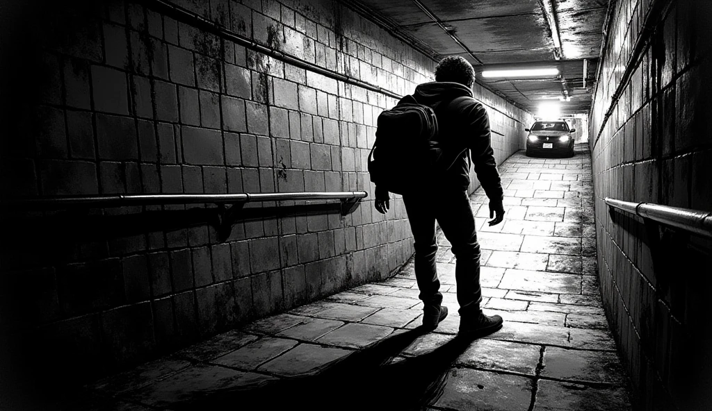 Comic book style, Italian male in his twenties in the likeness of Luigi Mangioni, wearing a backpack, descends into the subway, new york city police car in background, sin city, black background, monochrome grunge charcoal style, unique crosshatching, dark dramatic lighting illustration. 