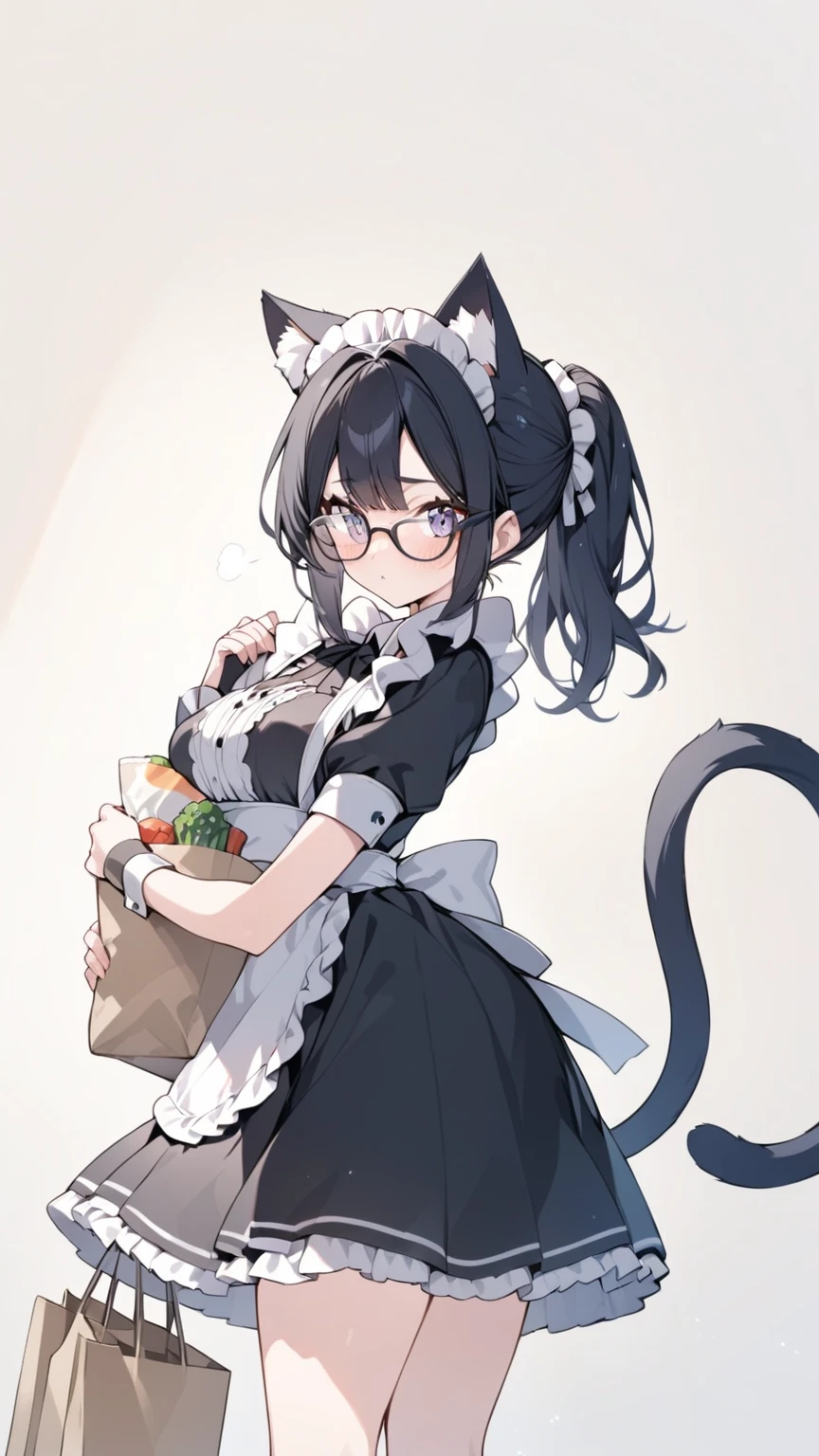 Black hair, glasses, maid, maid outfit, cat ears, tail, shopping