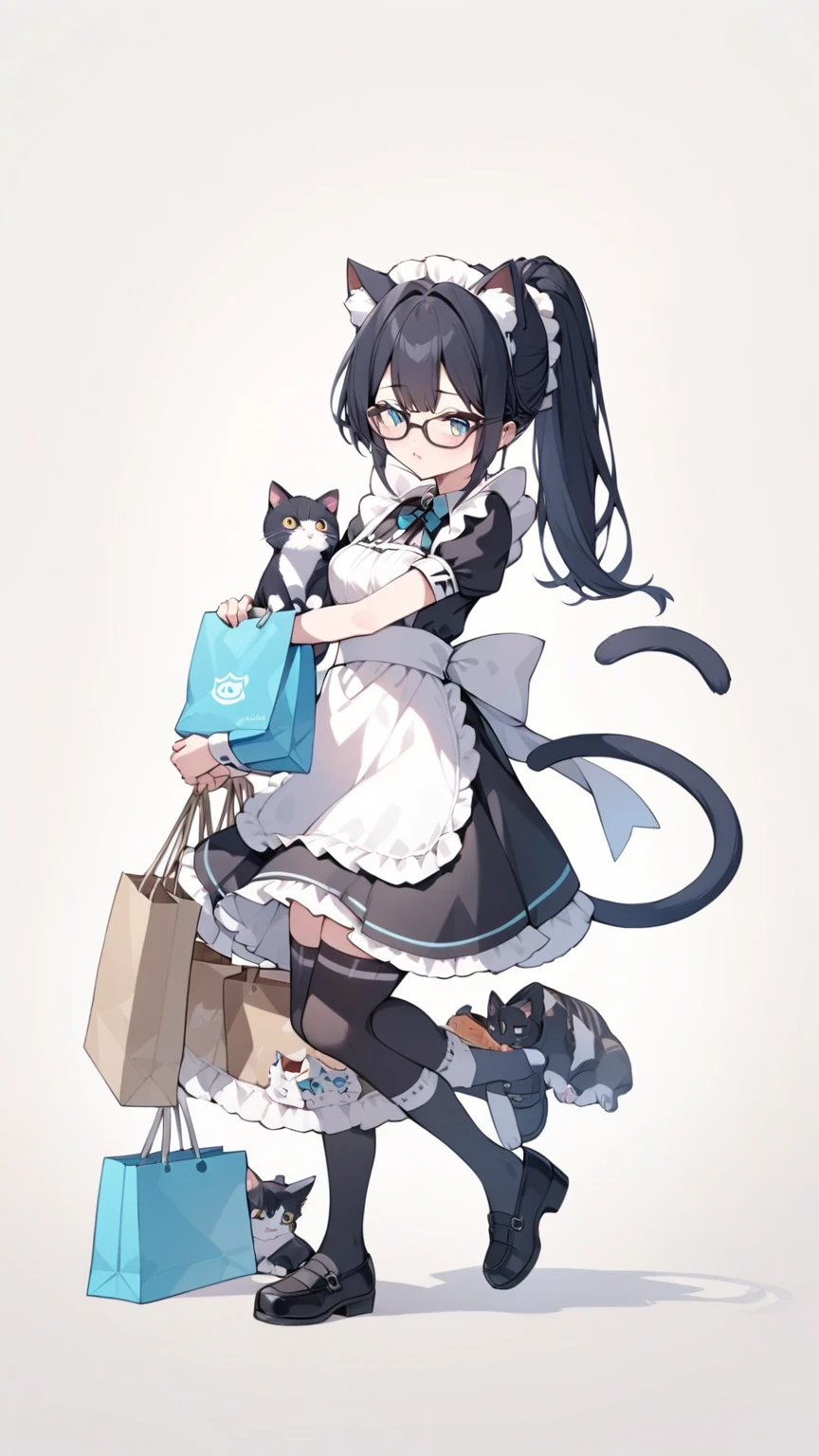 Black hair, glasses, maid, maid outfit, cat ears, tail, shopping