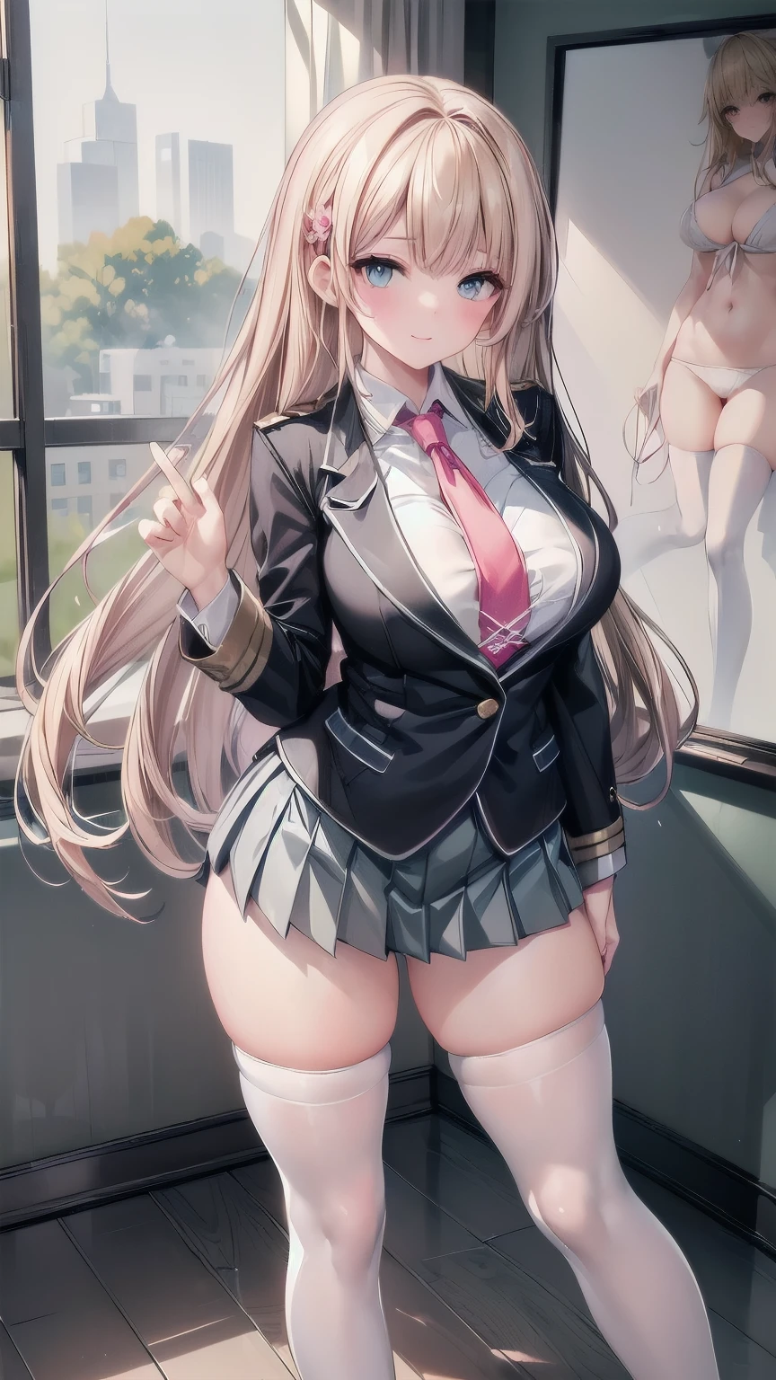 ((masterpiece:1.3)), is written by, super high resolution ,Super fine,16k quality, RAW photos ,(( photorealistic)),((detail face)),(( perfect limb, anatomically correct )), cute girl, very cute face,Beautiful eyelashes,Double eyelids, natural makeup, glossy lips , Blonde Ultra Long Hair , very beautiful green eyes,(( blazer uniform, ties, micro mini skirt , white thigh high stockings , pink sneakers)),night classroom background ,from below, look back ,(( Poses to Seduce Men , sexy pose:1.5)), raise one leg, natural smile , are touching their crotches,While touching thighs, Staring at the camera with a very gentle gaze,A soothing expression,(( punch,White floral lace panties)), professional lighting,Top Quality Gravure Photo ,(( slender body, Big Breasts ,Slim and beautiful legs))