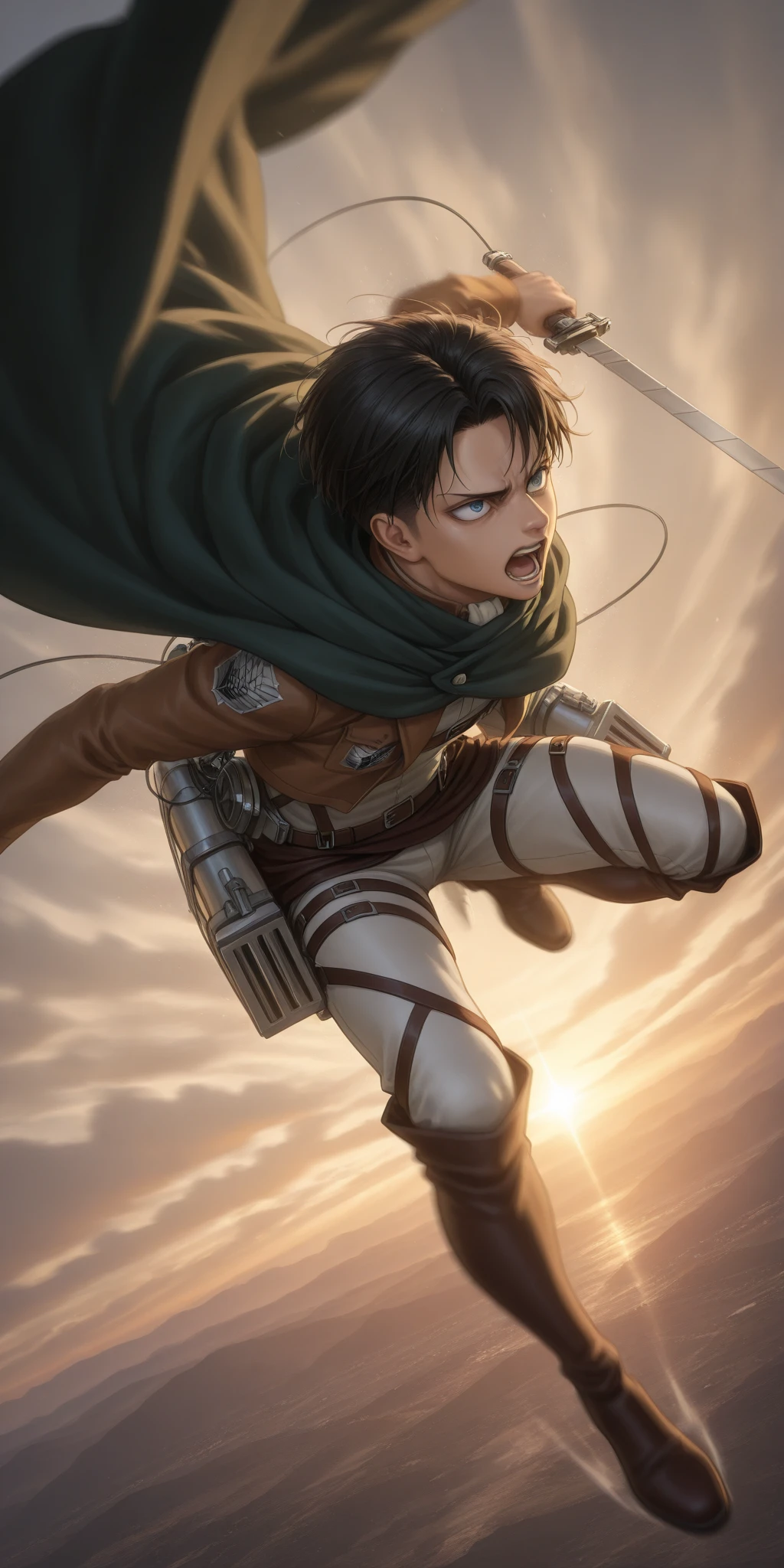 solo,1boy\(Levi Ackerman\(attack of titan\),diving to Titan from high above by The 3-D Maneuver Gear, downspin,motion blur,(dynamic pose),mad,angry,open mouth,holding 2swords,green cape\).anthro,screen capture.dynamic angle. BREAK .quality\(8k,wallpaper of extremely detailed CG unit, high resolution, top-quality, top-quality real texture skin, hyper realistic, increase the resolution, RAW photos, best quality, highly detailed, the wallpaper, golden ratio, high saturation realism, vibrant colors, dramatic lighting, persuasive storytelling, atmospheric scenery, captivating visuals, intricate details, strong emotions, dreamlike world\).landscape, dutch angle,action shot,(motion blur:1.3),limited color,tense battle scenes