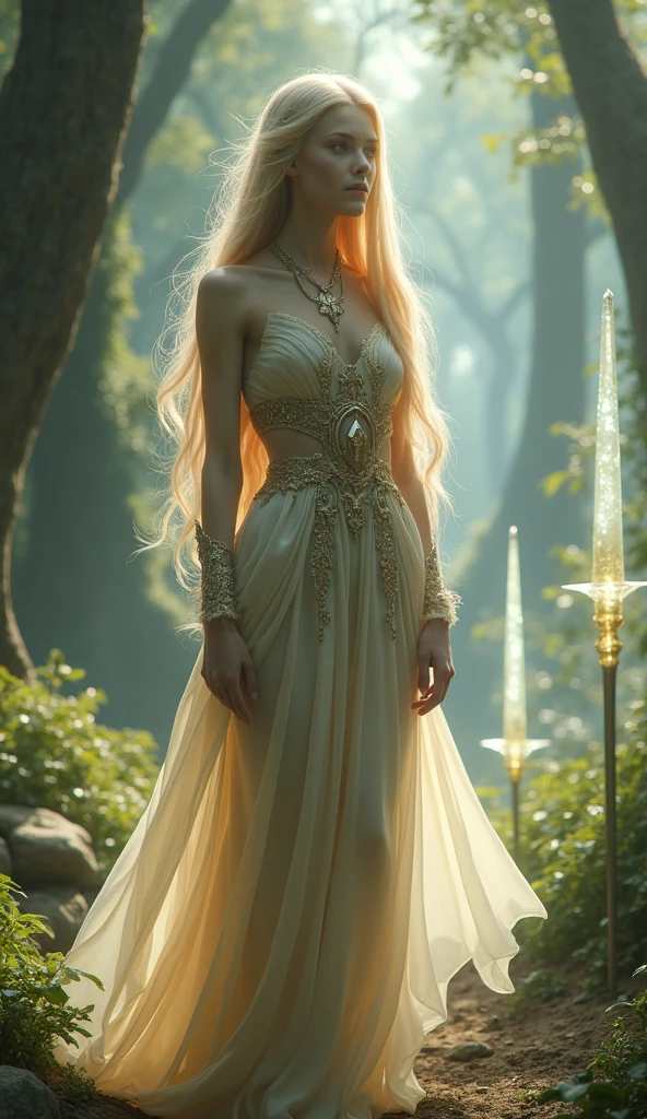 "Elf with a captivating gaze, ethereal beauty, flowing golden hair, pointed ears, adorned in intricate elven attire, surrounded by mystical forest, soft sunlight filtering through lush greenery, bikini white triangle