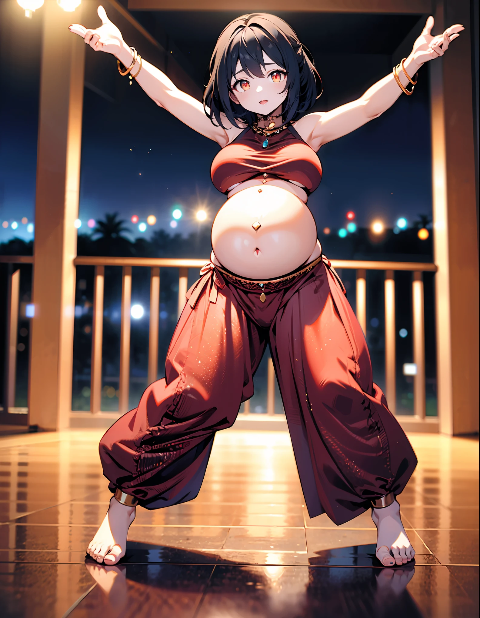 (best quality, ultra-high resolution, depth of field:1.3), (full body shot:1.3), (oppai:1.3), (pregnant:1.3), (wide hips:1.3), beautiful face, (anime girl), radiant eyes, (orange eyes:1.3), (black hair:1.3), (wearing a baggy and high harem belly dance pants:1.3), (bare feet:1.3), (bikini top:1.3), (waist jewelry:1.3), (full of jewelry:1.3), night time, (multiple points of views), (standing:1.3), (dancing pose:1.3)