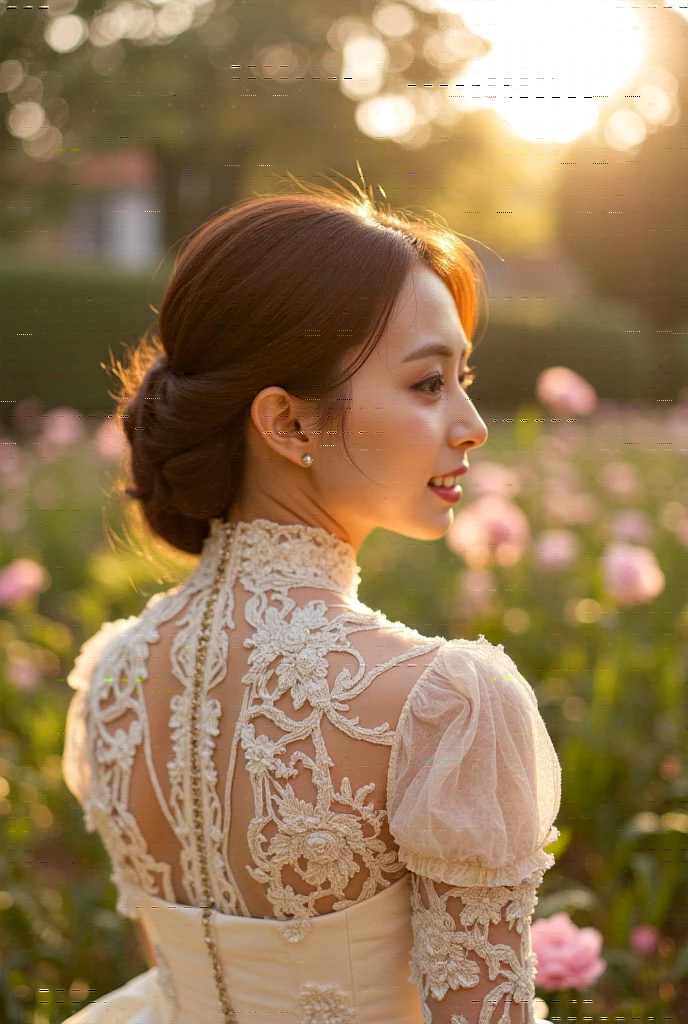 Instagram portrait of a young woman 72uyu wearing a wedding dress, captured in a serene garden setting during golden hour. The environment is filled with blooming flowers and soft, diffused light filtering through the trees. The mood is romantic and dreamy, evoking a sense of love and anticipation. The camera settings are set on a Canon EOS R5 with a 50mm f/1.2 lens, using Fujifilm Pro 400H film for its soft pastel tones and fine detail. The composition focuses on the intricate lace details of the dress against the natural backdrop, creating a timeless and ethereal aesthetic. The photo embodies a collaboration between directors Sofia Coppola and Guillermo del Toro, cinematographer Emmanuel Lubezki, photographer Tim Walker, and fashion designer Vera Wang.