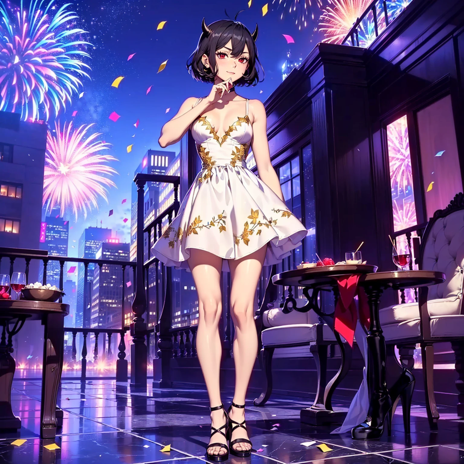 ((1girl, solo ,alone, Nero, Secre Swallowtail, illustration, (small breasts, tiny breasts, masterpiece, best quality), intricate details, 1girl, alone, (Nero, black hair, short hair, red eyes, horns, black dress, black bulls), elegant delicate, reflection, shine, sophisticated, anime, manga, looking at the viewer, feathers)), , ((fitness,, shapely body, athletic body, toned body)), ((white dress, dress with gold embroidery, a-line dress, high heels, silver high heels, new year, new year's eve, fireworks, 2025, happy new year, happy 2025, new year's party, window, night, stars, balloons, new year decoration, terrace, buildings, skyscraper, balcony, smug, party, confetti, marble floor))