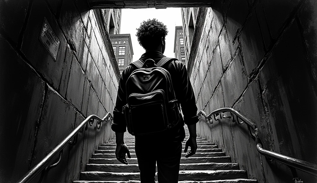 Comic book style, Italian male in his twenties in the likeness of Luigi Mangioni, wearing a backpack, back turned to camera, walking down stairs into the subway, new york city in background, sin city, black background, monochrome grunge charcoal style, unique crosshatching, dark dramatic lighting illustration. 