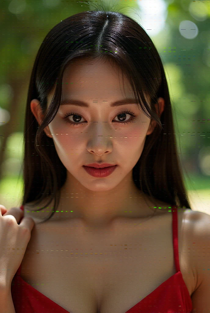 A beautiful Kpop girl, detailed face, long hair, wearing a sexy crop top, dating at a park, looking at the viewer with a shy expression, photorealistic, high quality, intricate details, cinematic lighting, vibrant colors