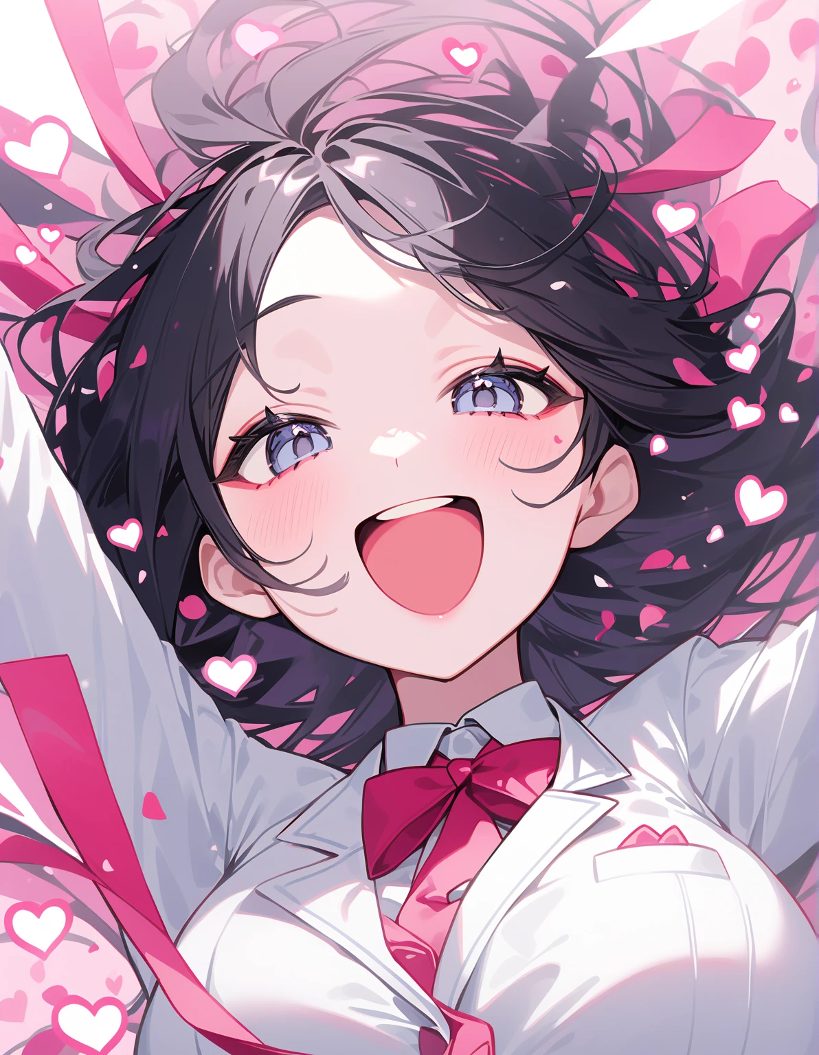 (Woman close up)、((Depiction of the upper body))、((30-year-old female))、Very large breasts、A cheerful smile、Very short black hair、(Open your mouth a little、High resolution、16k))、(((white suit)))、School、