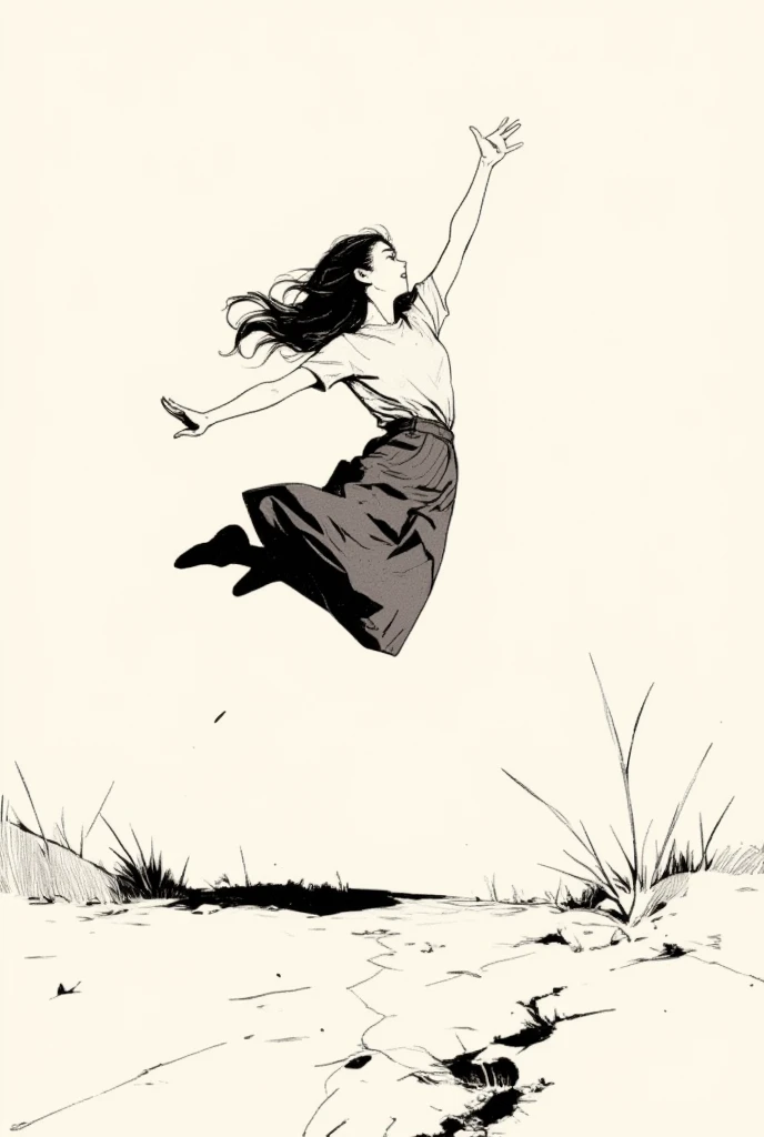 Woman jumping high,I'm plummeting to the ground , poster art, Screen Printing Poster,  graphic novel cover art ,  graphic details ,  promotional artwork , Poster illustration, Illustrated poster, By Jens Sondergaard  ,  fashion illustration drawn on a watercolor white paper background,Promotional Poster, , comic book cover , Inspired by Emil Lindenfeld ,Concentrated line, 